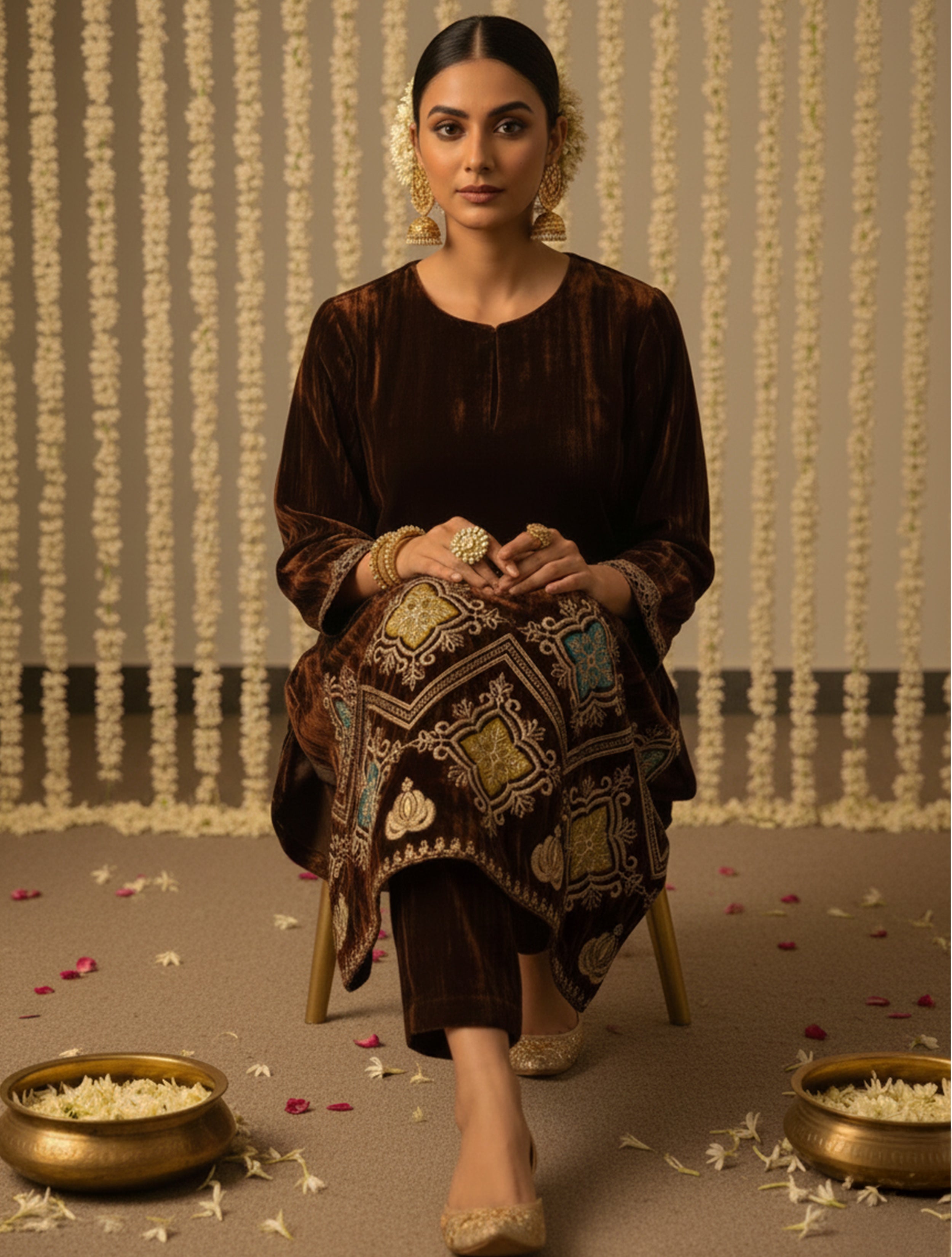 trueBrowns Brown Crinkled Velvet Embroidered Kurta Pants Dupatta Set