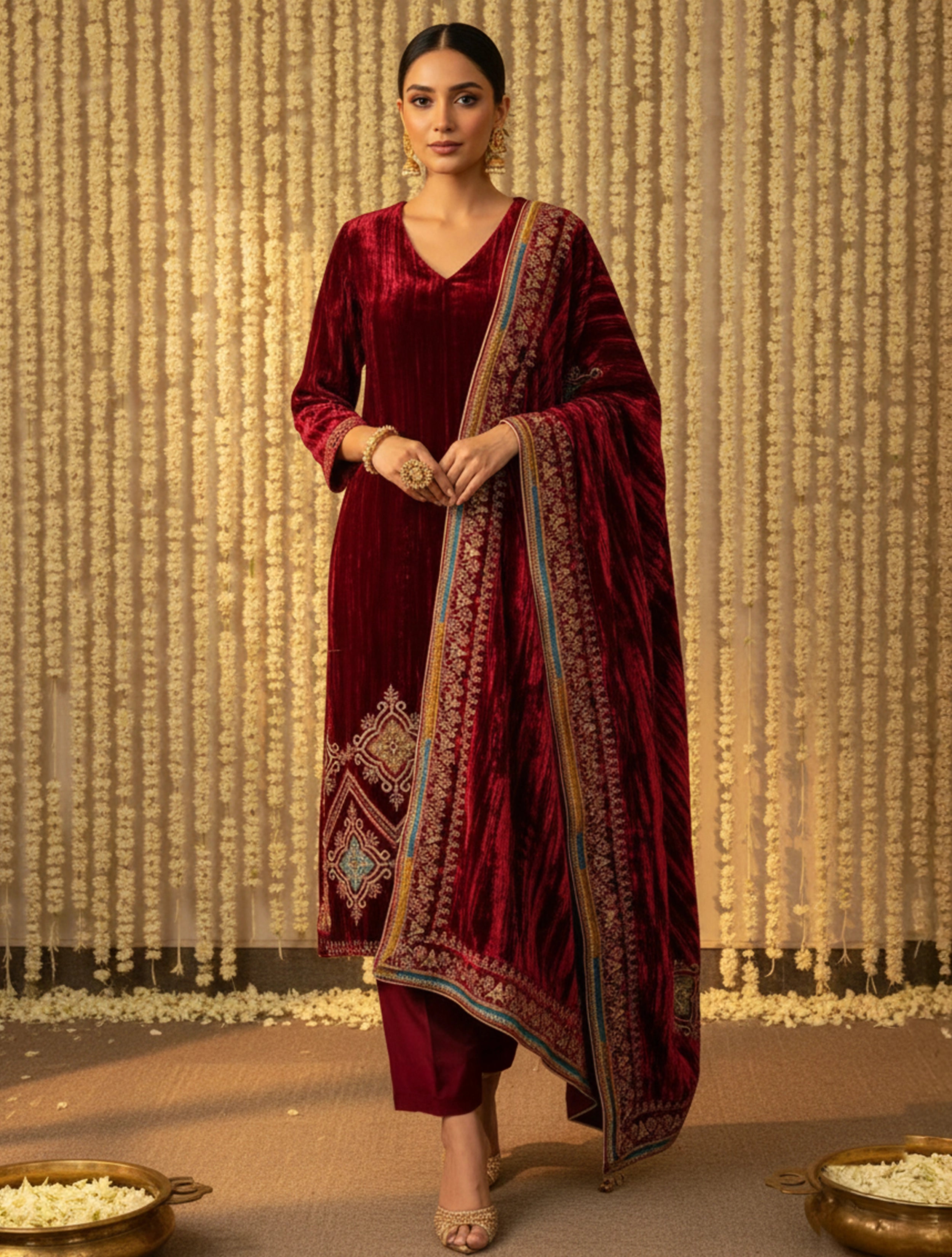 trueBrowns Maroon Crinkled Velvet Embroidered Kurta Pants Dupatta Set