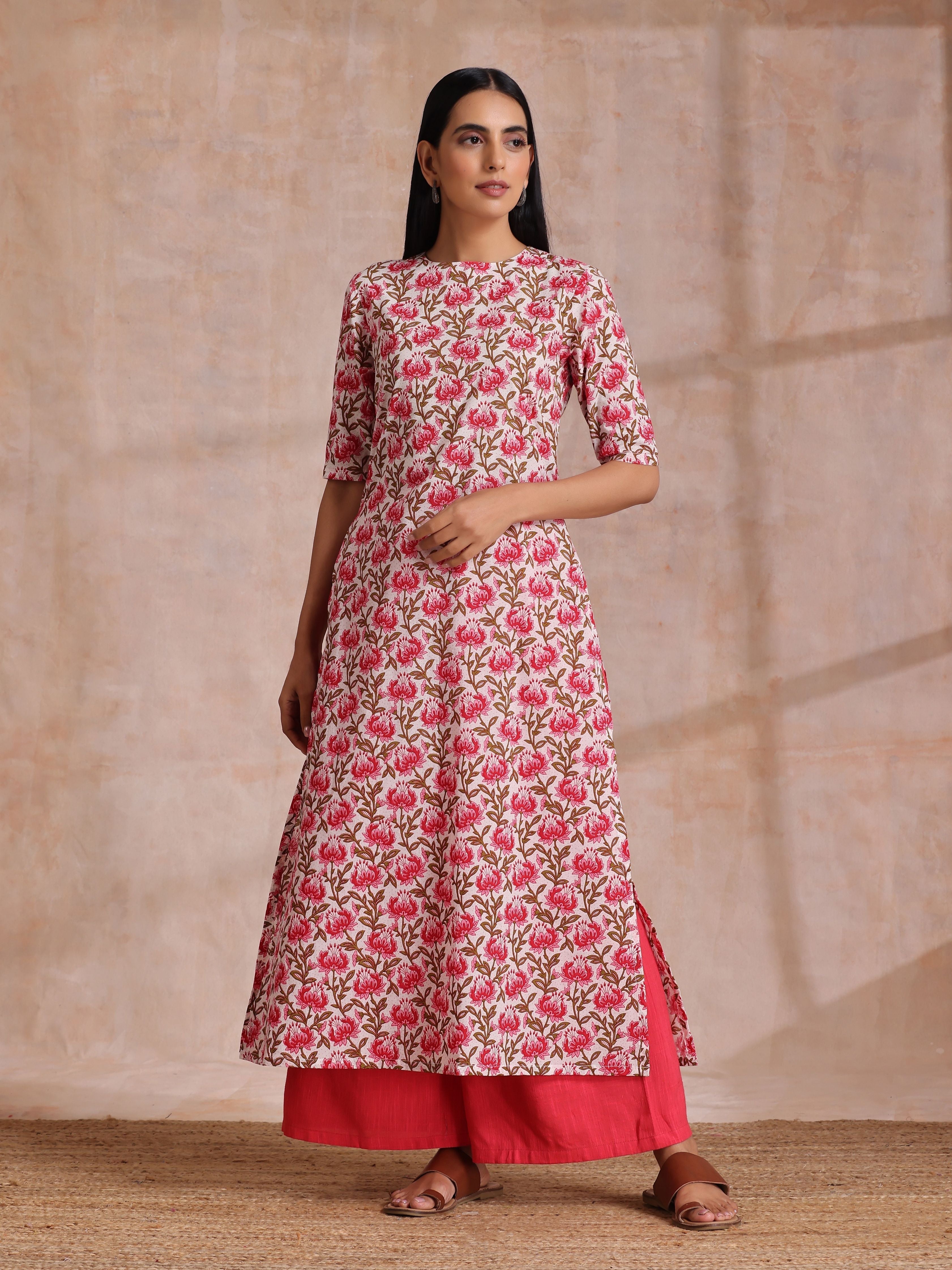 Pink Brown Overall Floral On White Block Print Cotton Slit Kurta Pant Set