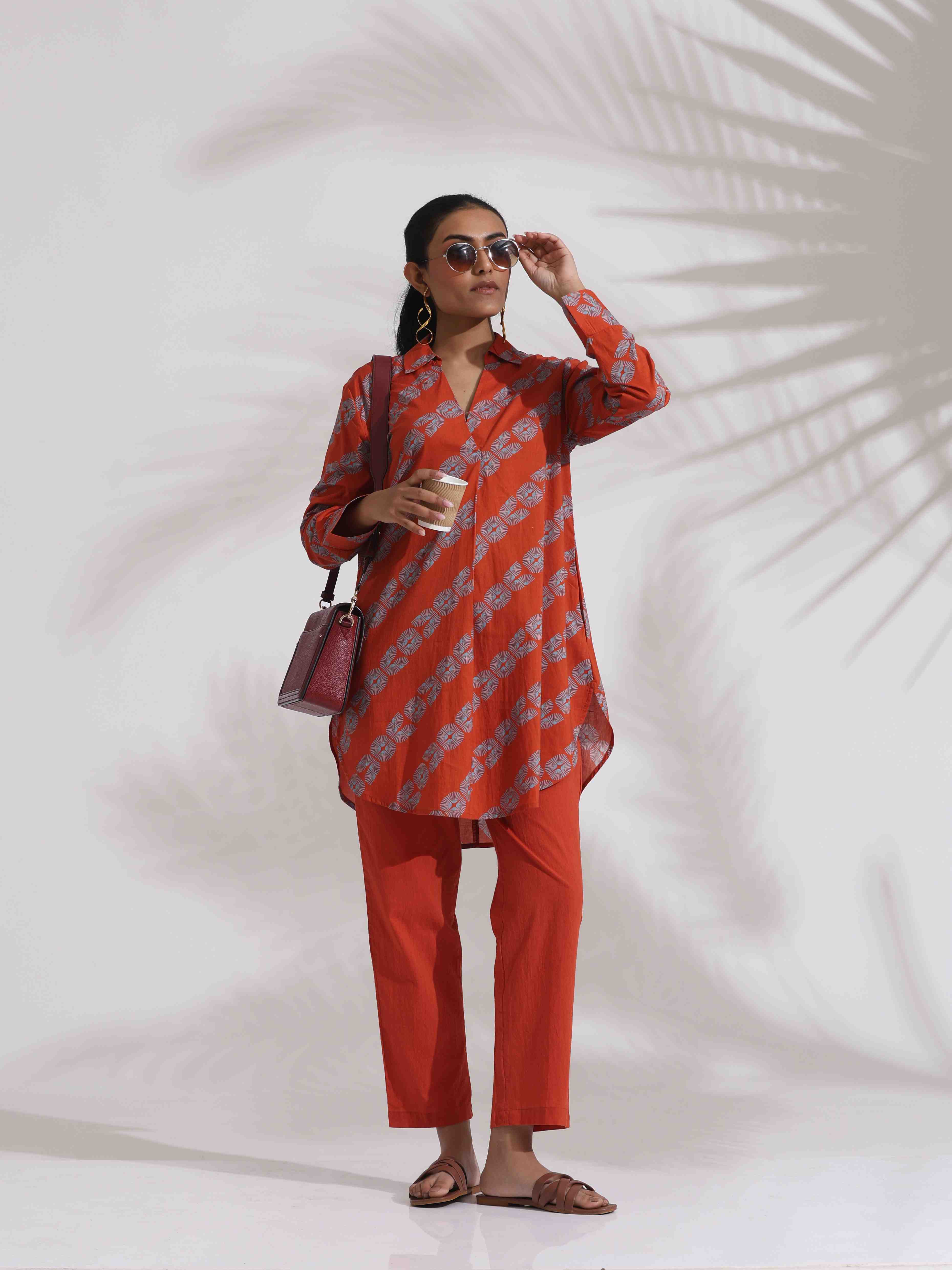 trueBrowns Orange Cotton Print Co-ord Set