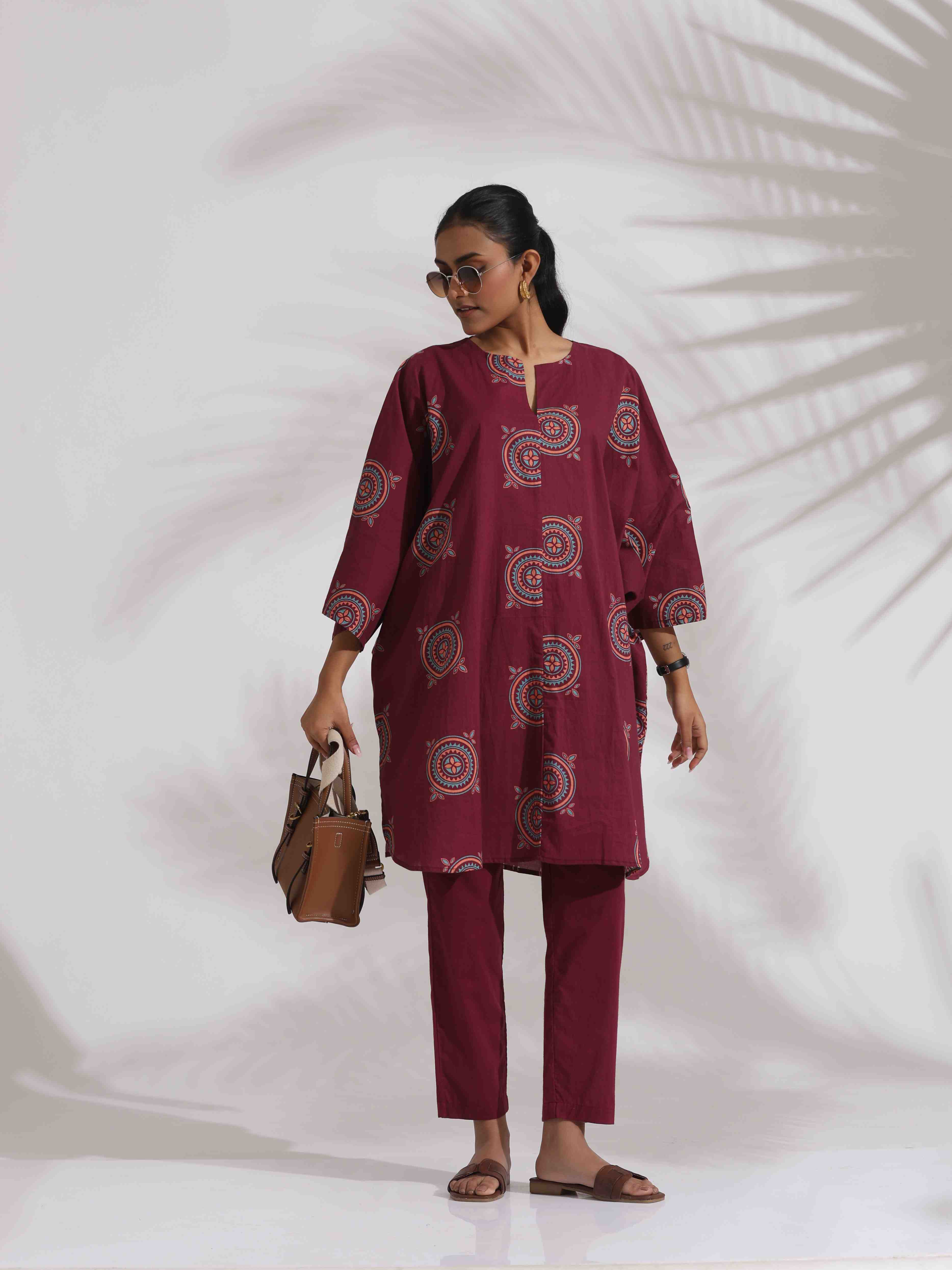 trueBrowns Purple Cotton Print Kurta Co-ord Set