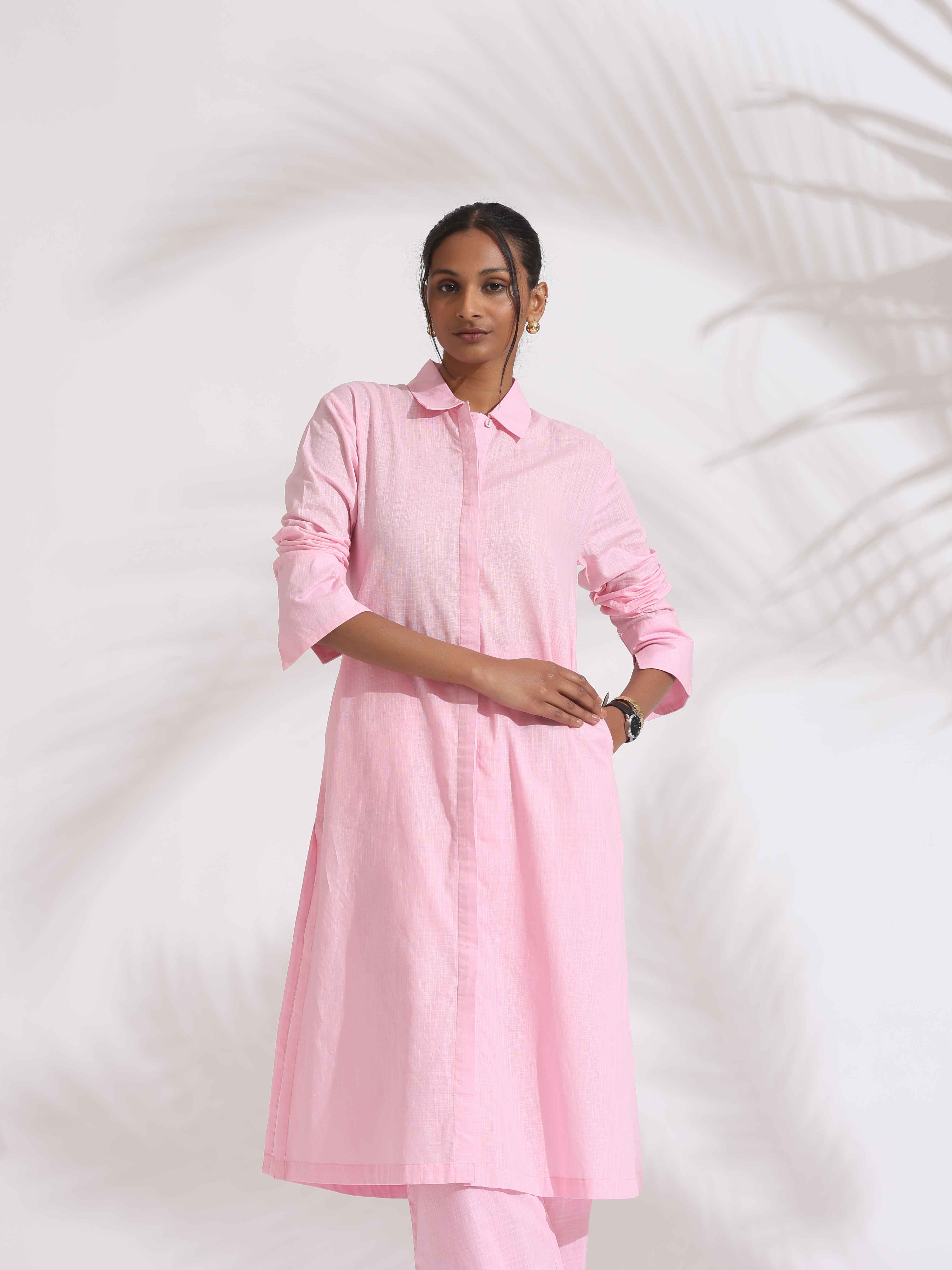 trueBrowns Pink Cotton Embroidered Kurta Set
