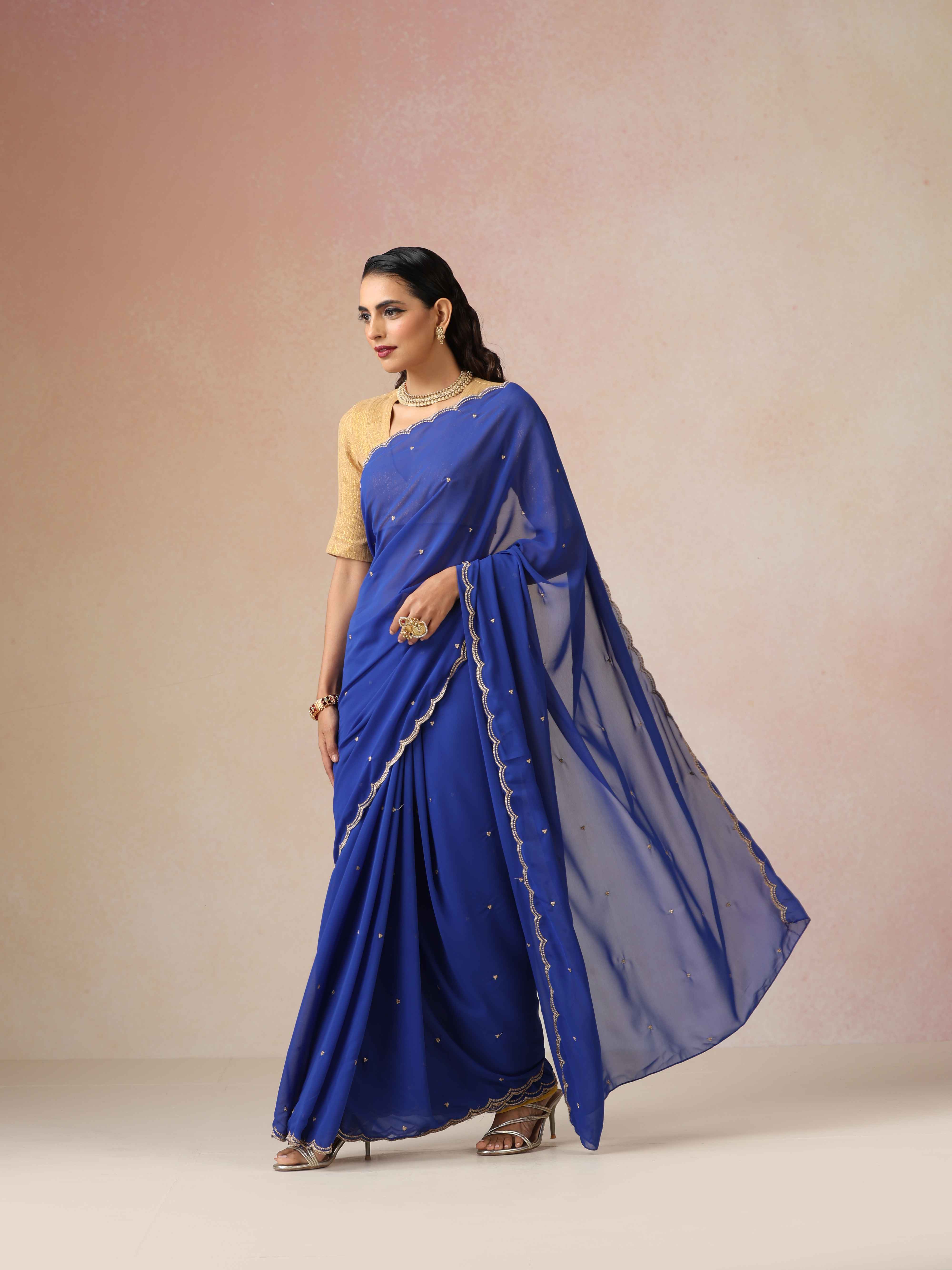 trueBrowns Blue Georgette Embroidered Saree With unstitched Blouse