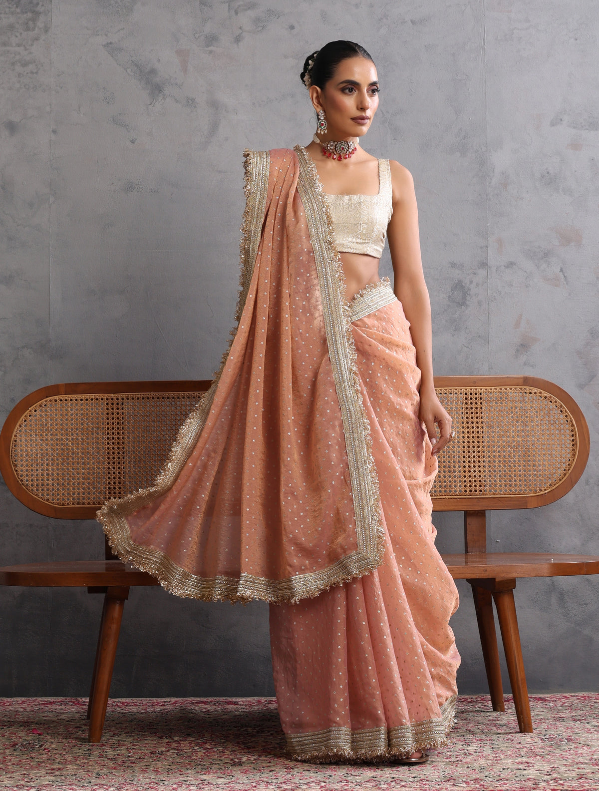 trueBrowns Peach Tissue Foil Printed Saree With Unstitched Blouse