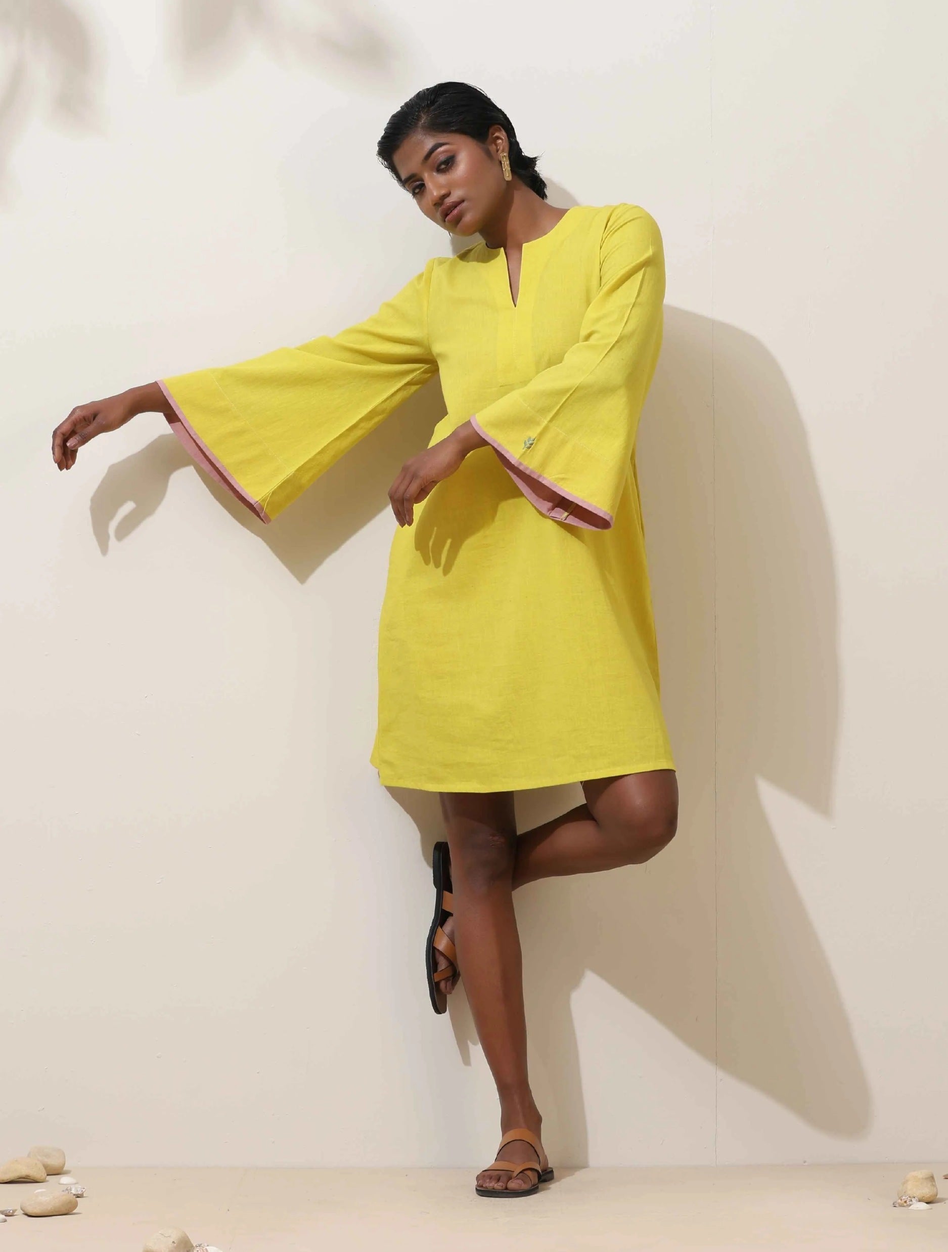 trueBrowns Lime Cotton Linen Dress