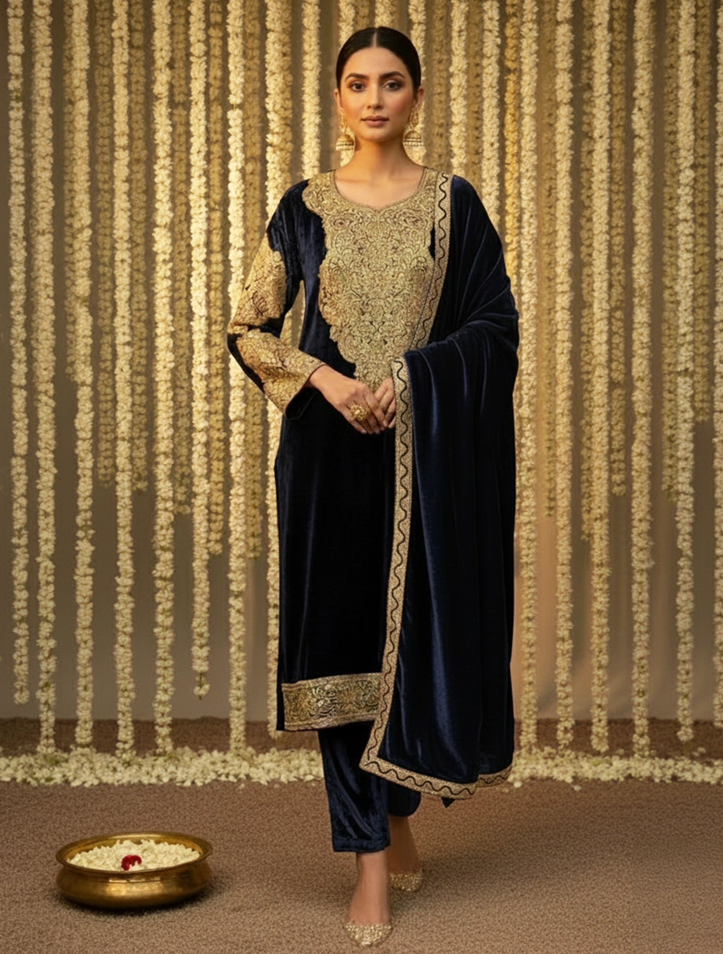 trueBrowns Navy Velvet Embroidered Chogha Pants Dupatta Set