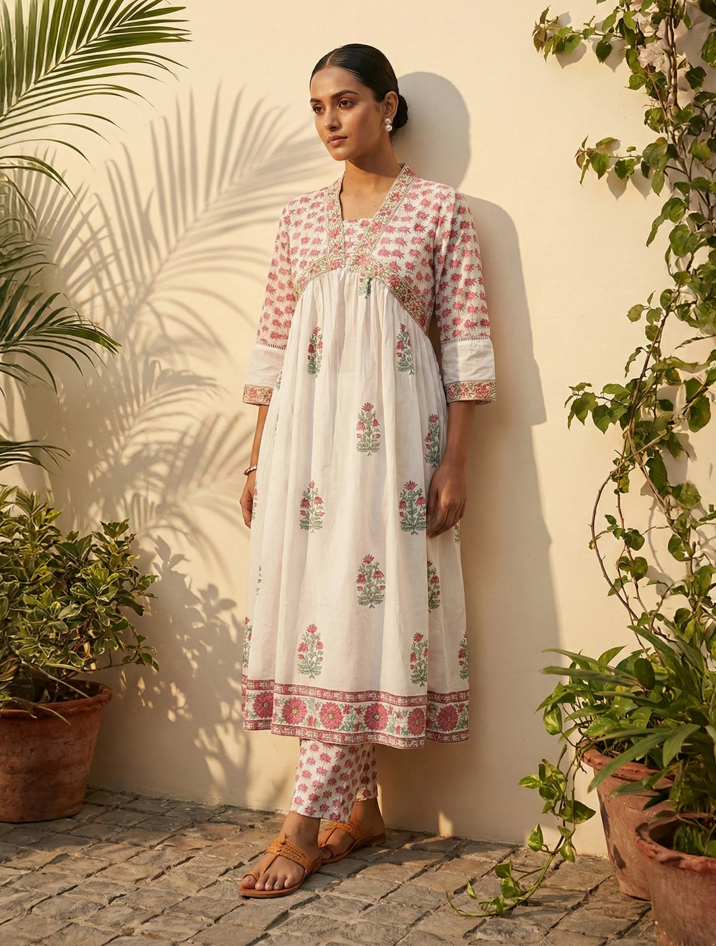 trueBrowns White Pink Boota Print Anarkali Kurta Pant Dupatta Set