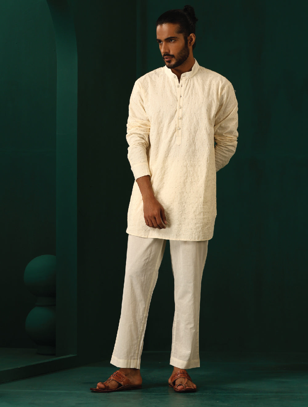 trueBrowns Men Ivory Embroidered Co-ord Set
