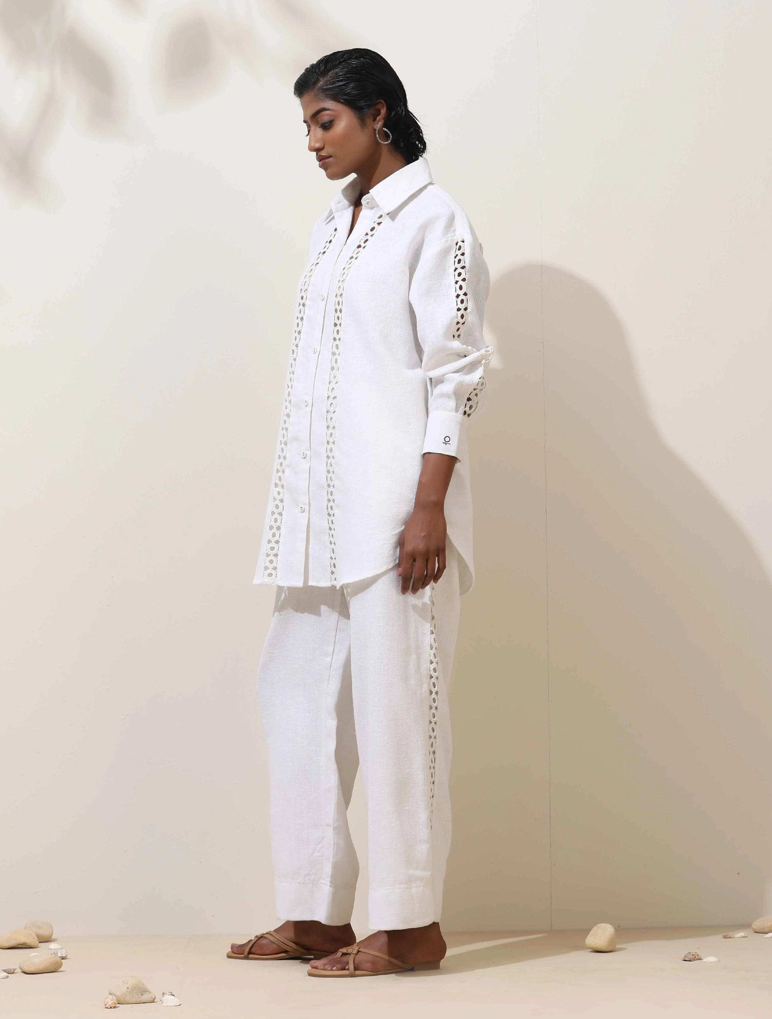 trueBrowns Attar White Crochet Natural Cotton Shirt Co-ord Set
