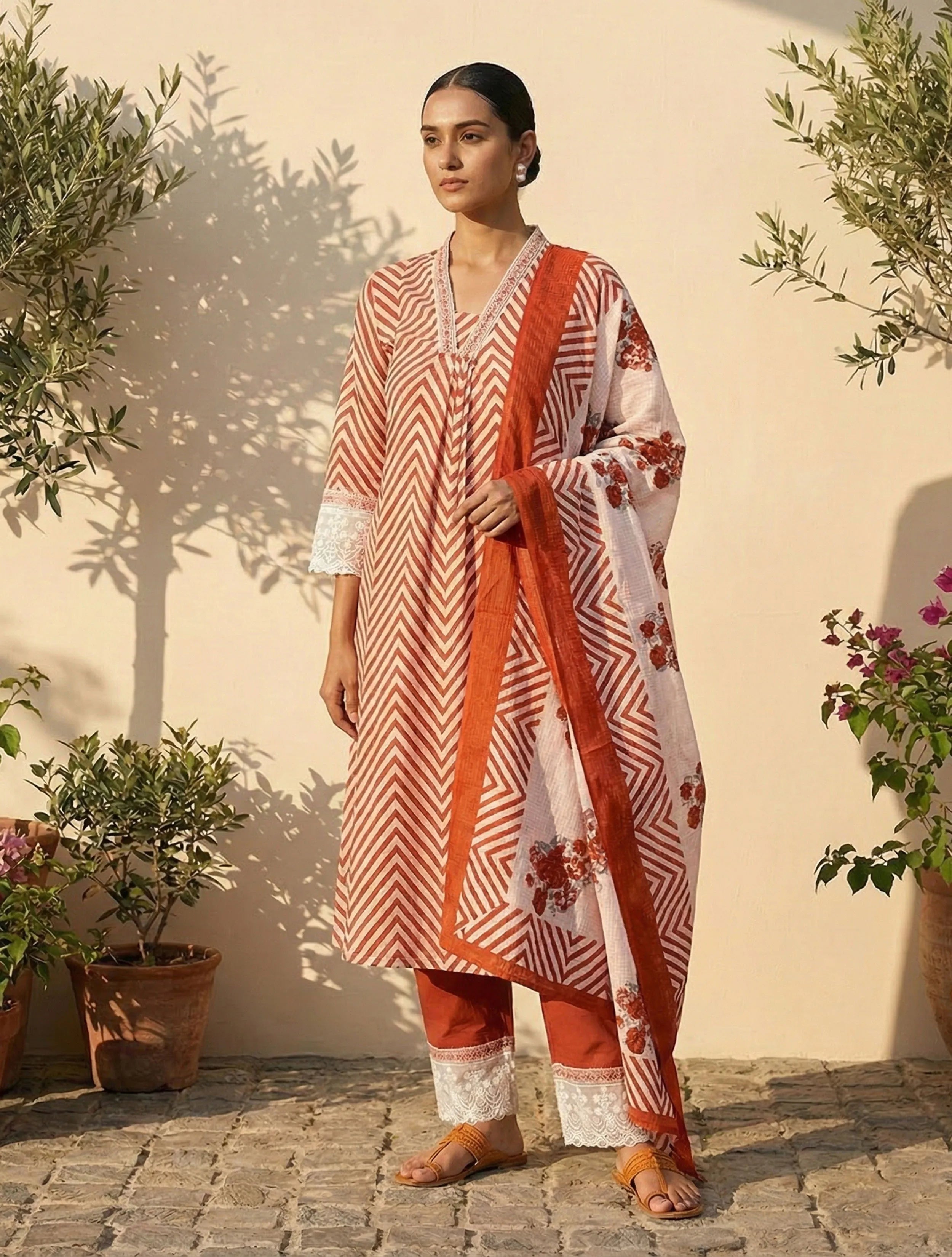 trueBrowns Rust Chevron Print Kurta Pant Dupatta Set