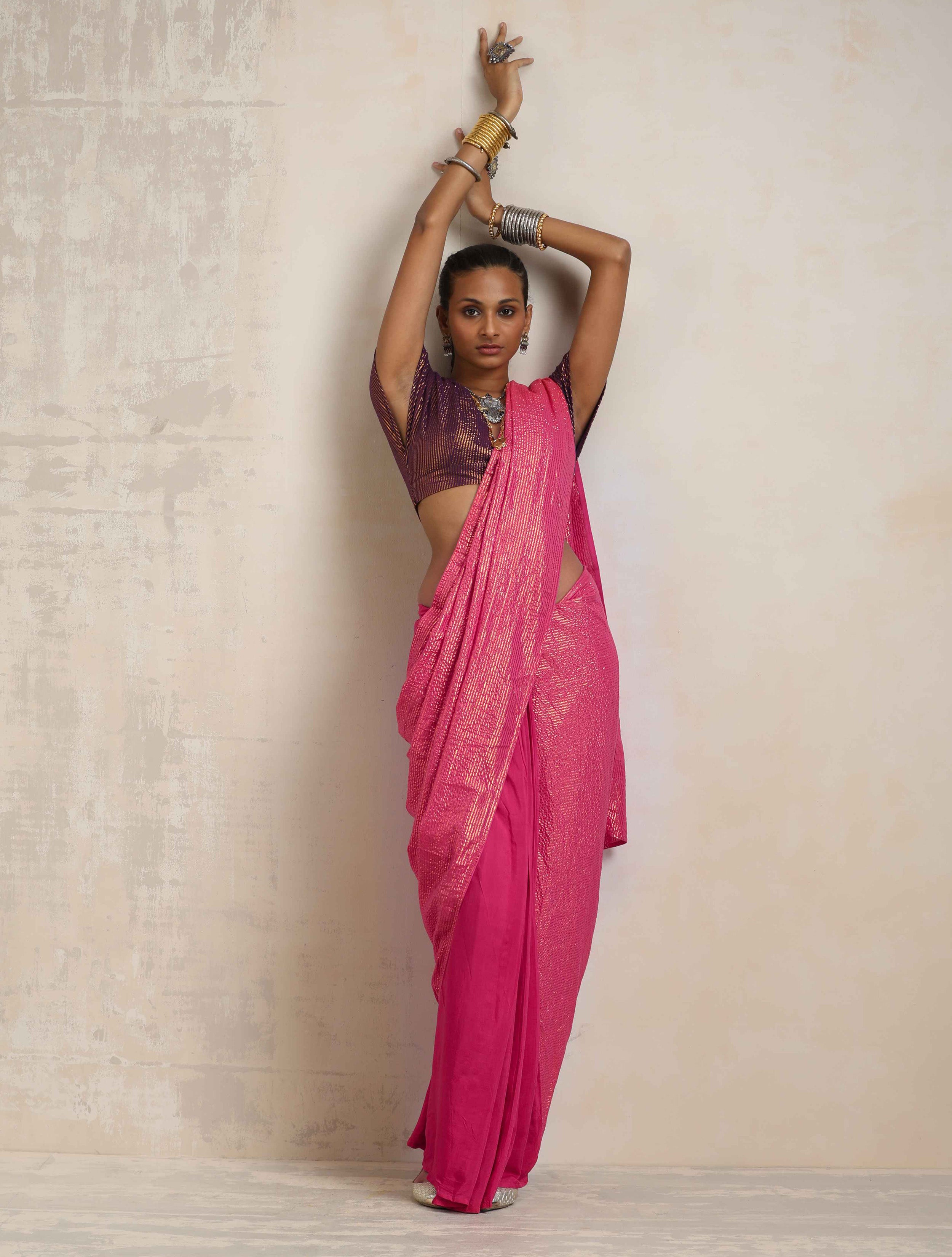 trueBrowns Pink Gold Lurex Ready To Wear Saree