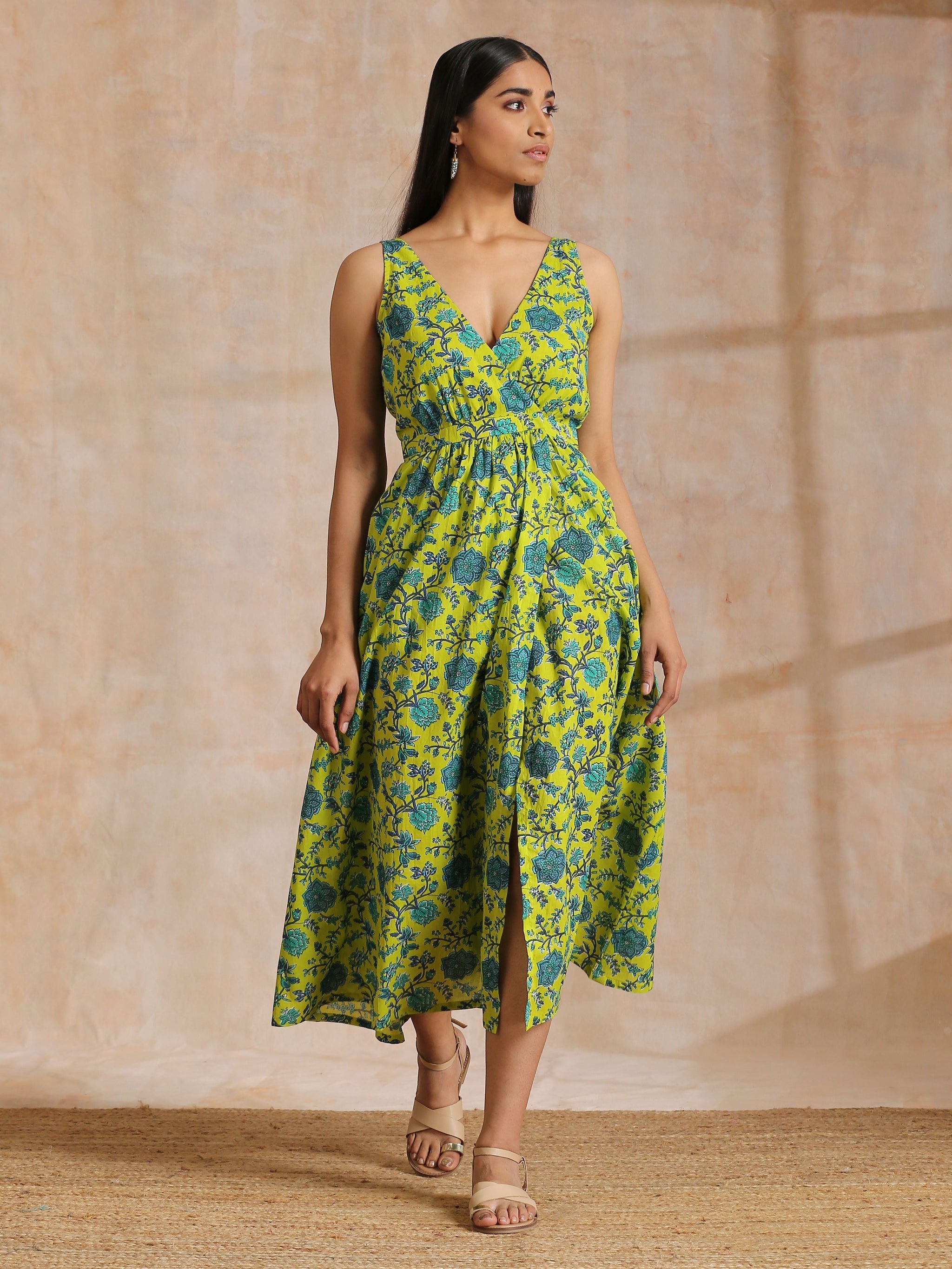 Lime Green Overall Teal Floral Block Print Cotton Sleeveless Wrap Dres