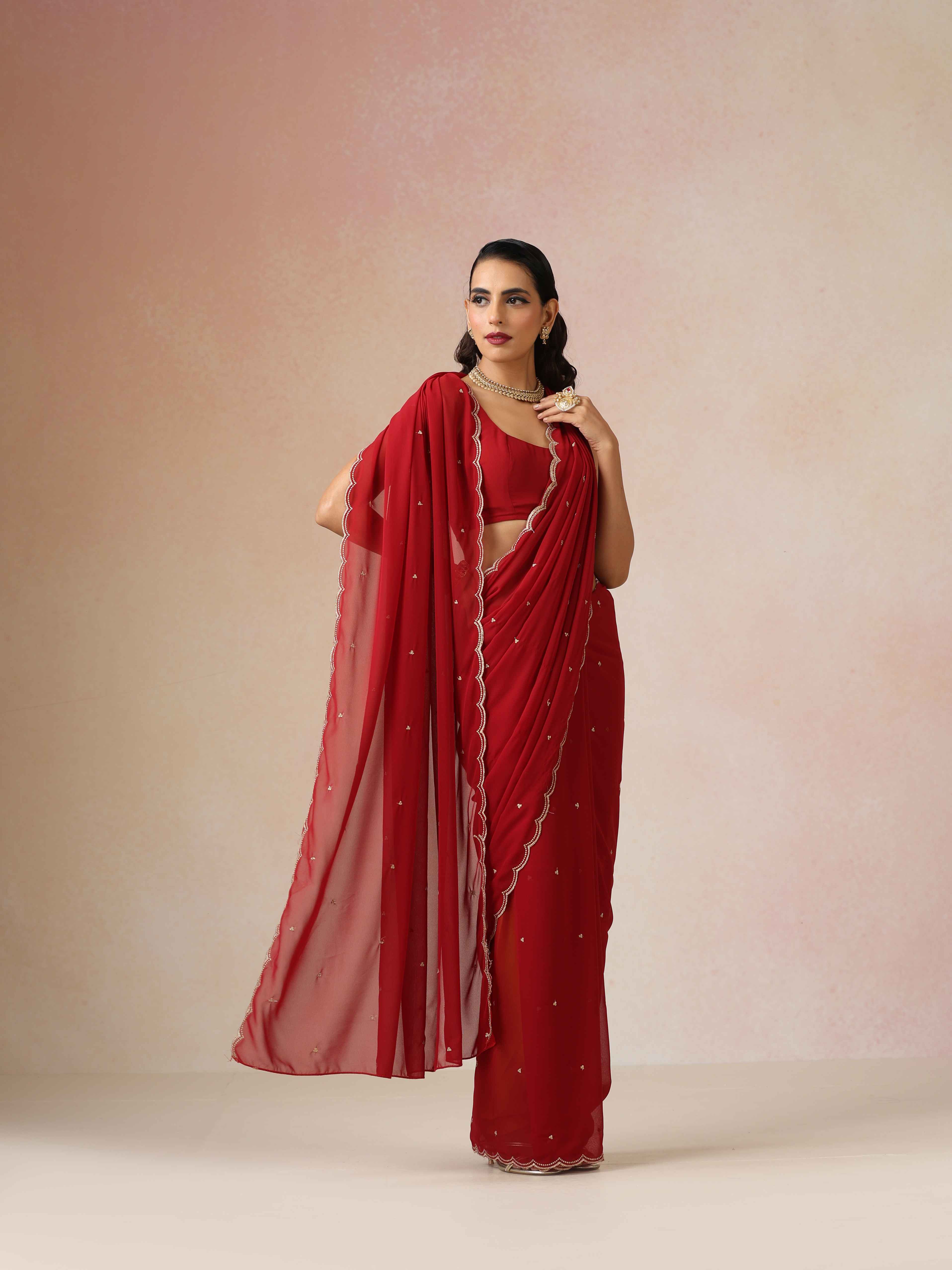 trueBrowns Maroon Georgette Embroidered Saree With unstitched Blouse
