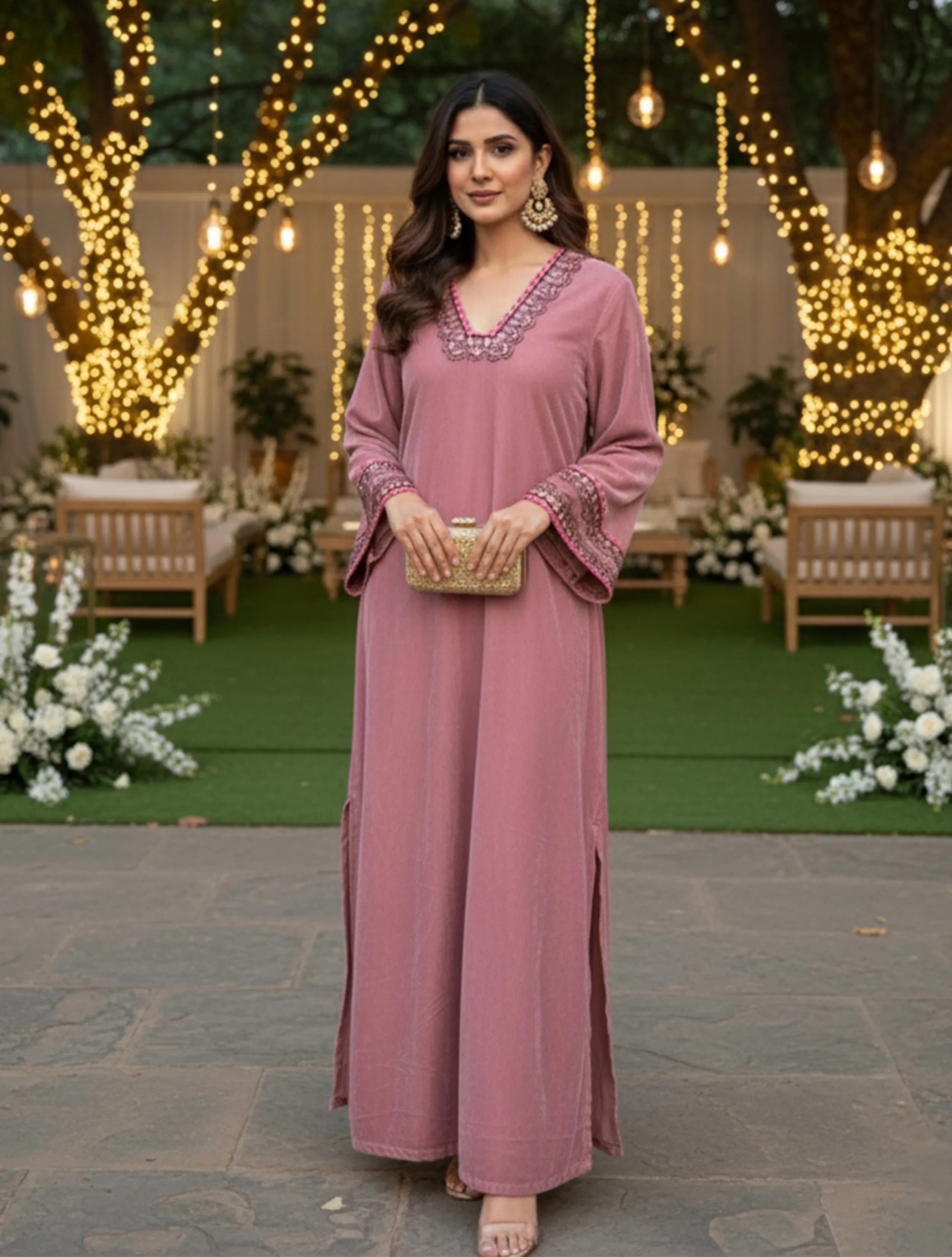 trueBrowns Pink Glass Neck Velvet Dress