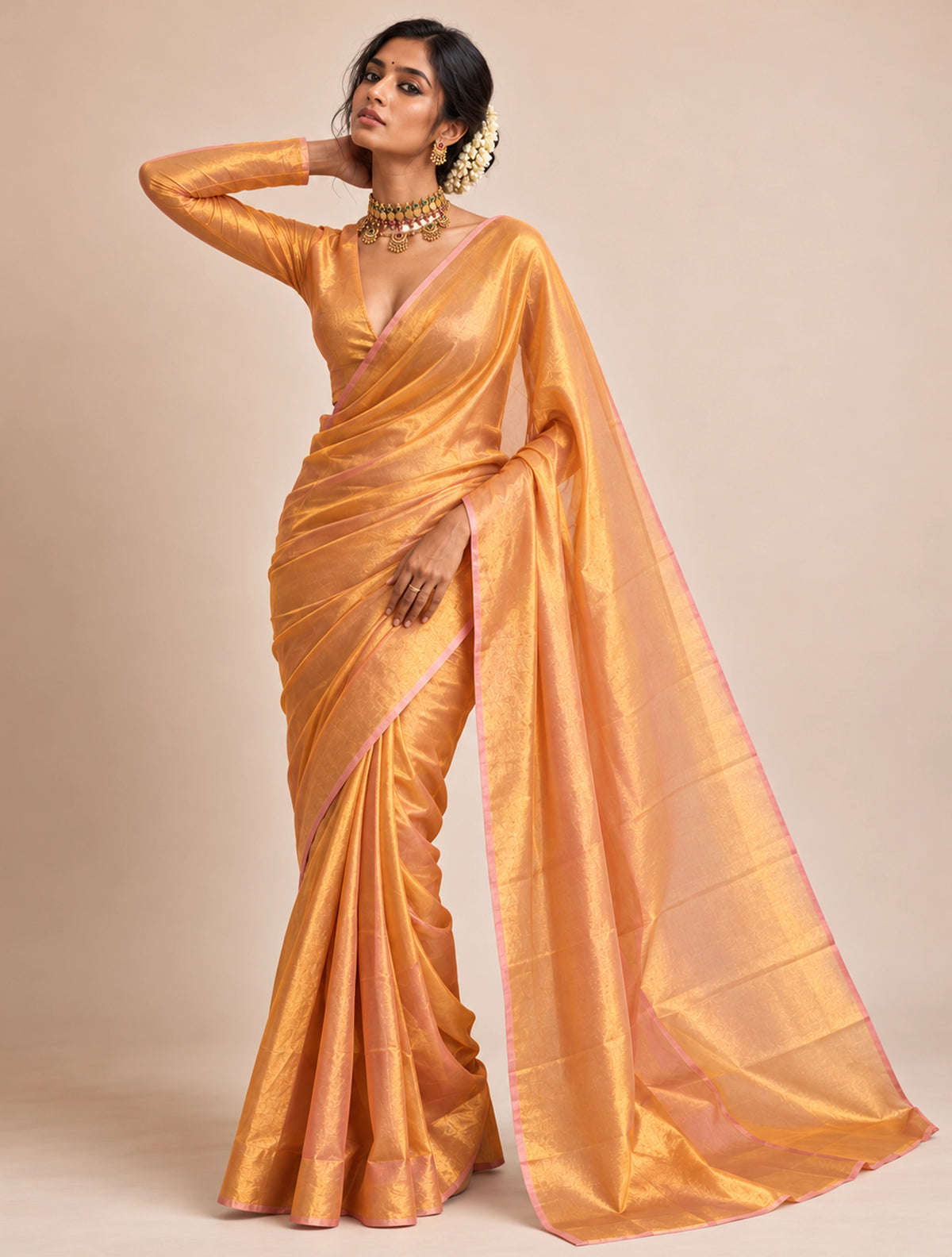 trueBrowns Gold Tissue Handloom Saree With Unstitched Blouse