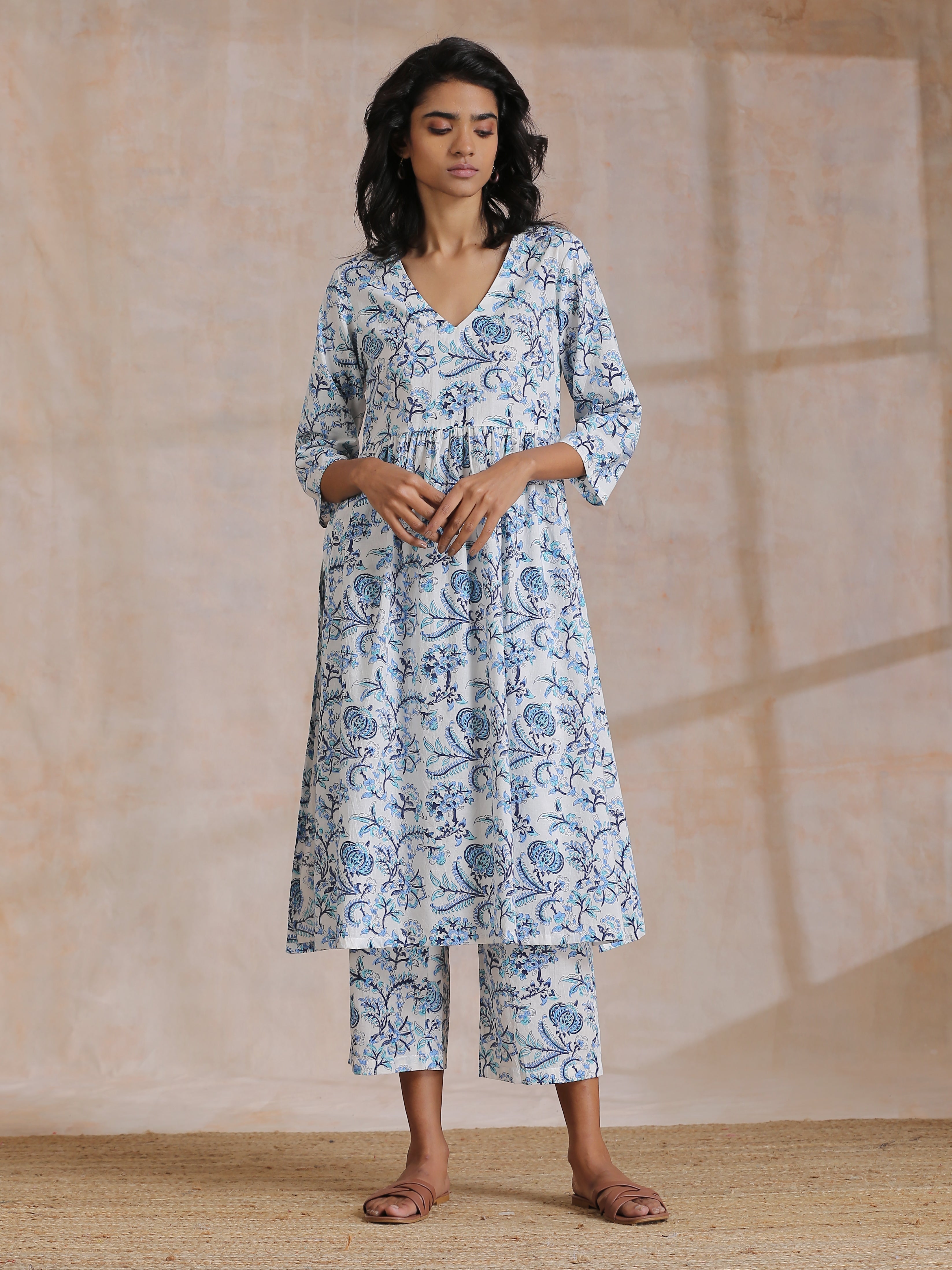 White With Overall Blue Print Cotton Slit Gathered Kurta Set