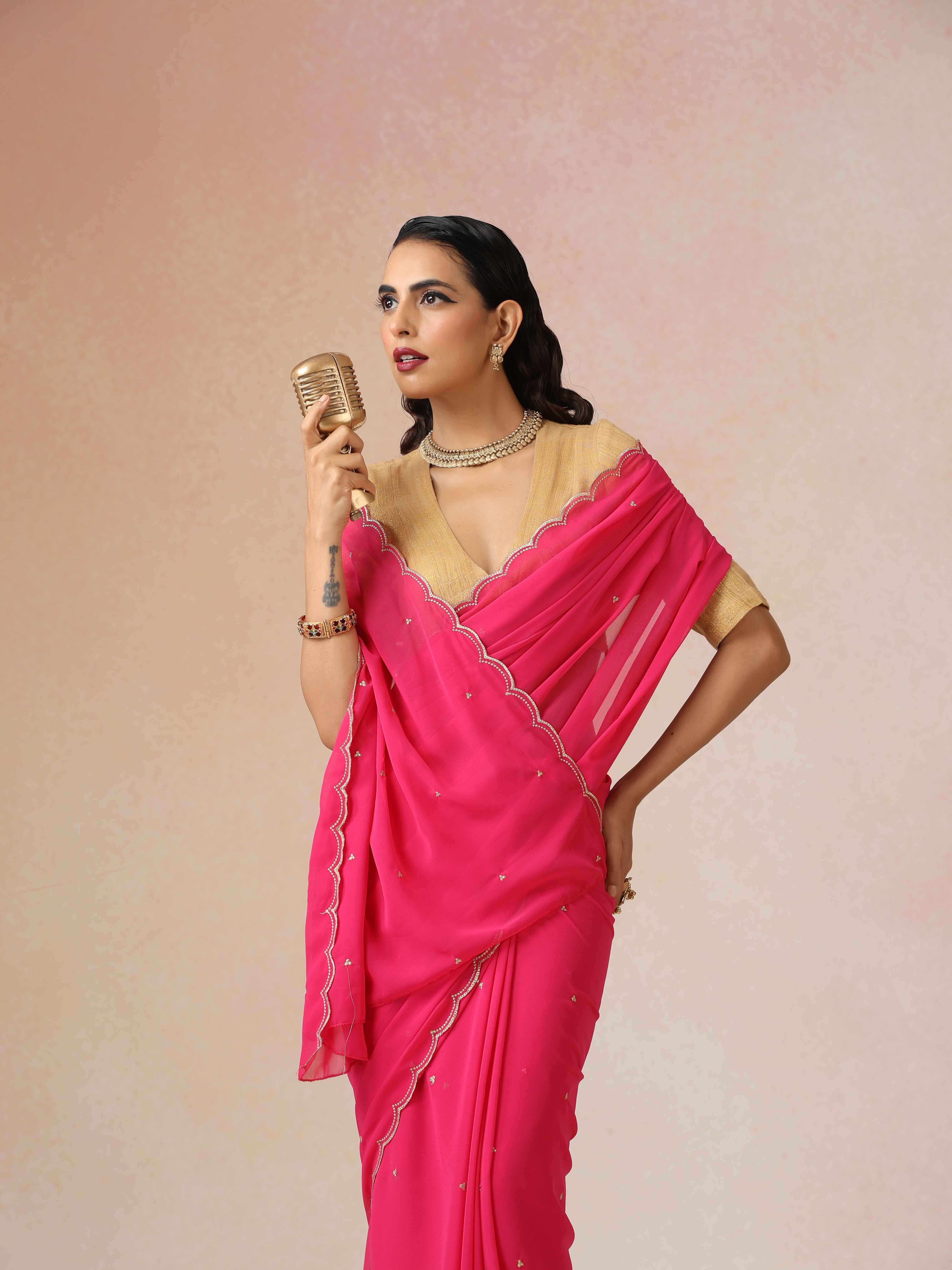 trueBrowns Pink Georgette Embroidered Saree With unstitched Blouse