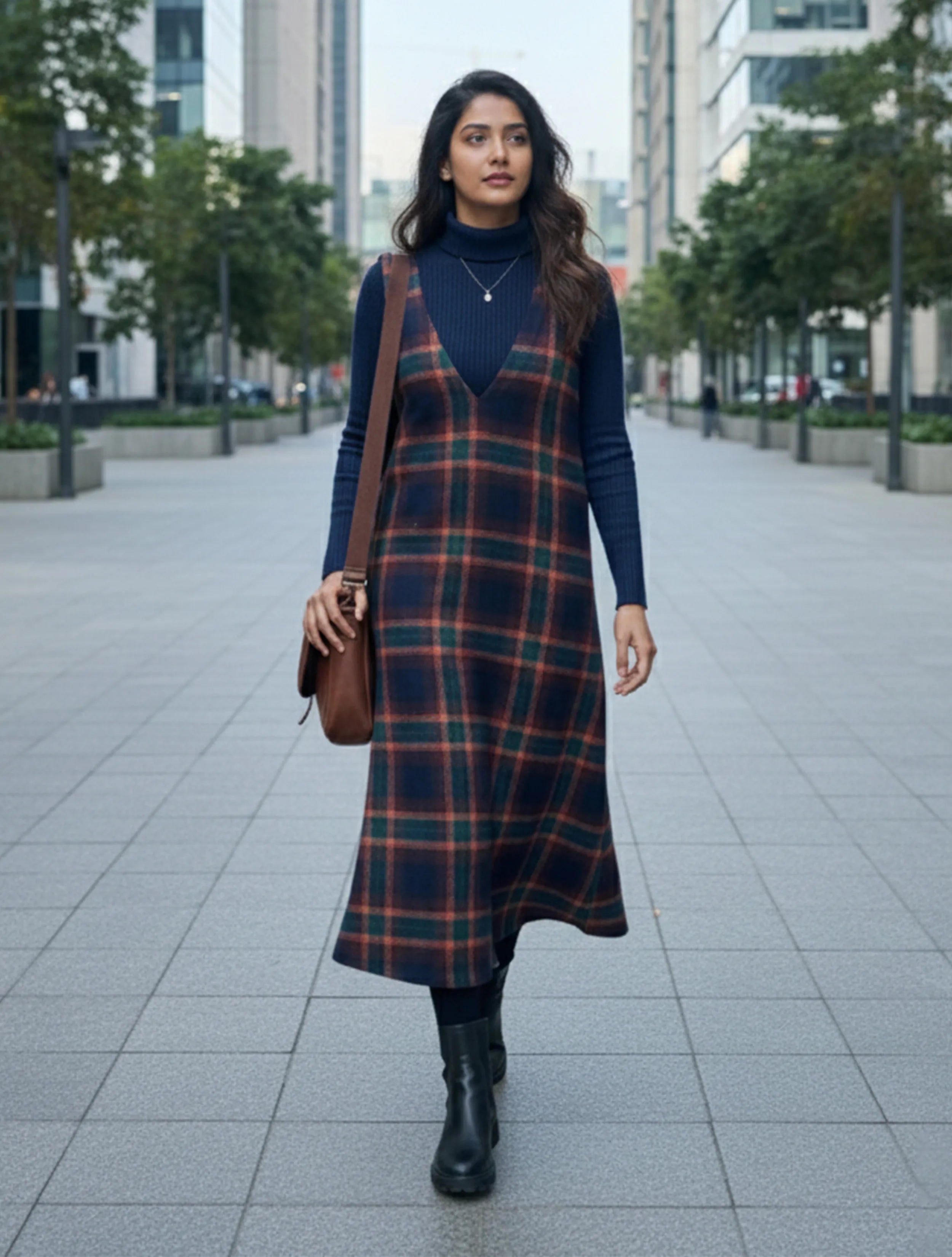 trueBrowns Navy Sleeveless Check Woollen Dress