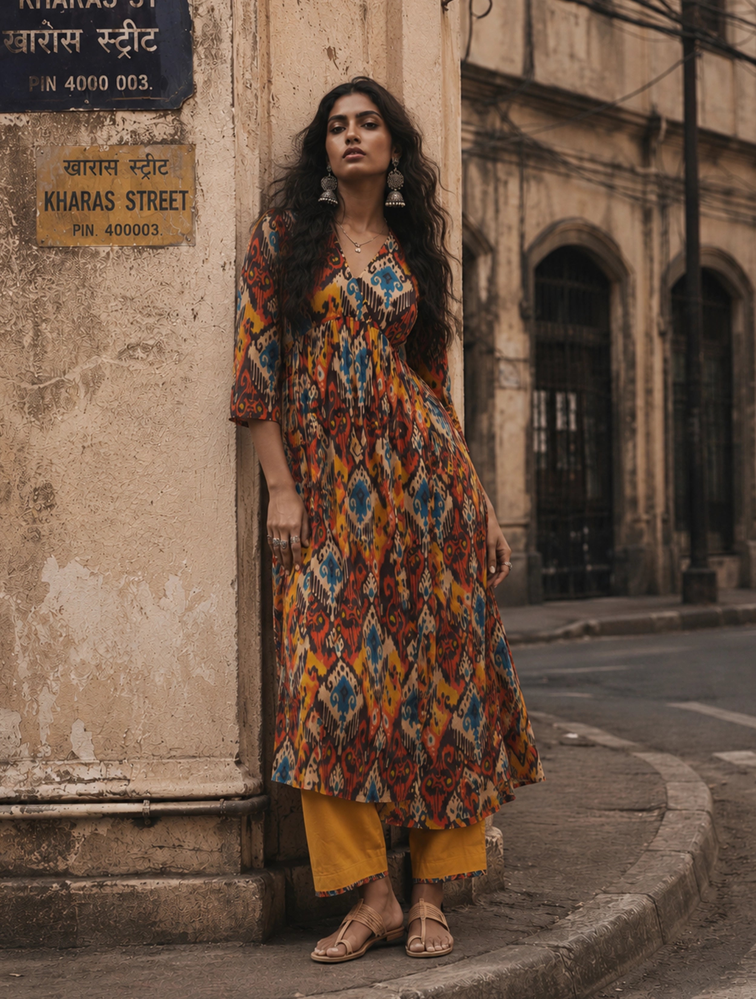 trueBrowns Multicolour Ikat Print Cotton Anarkali High-Slit Kurta Set