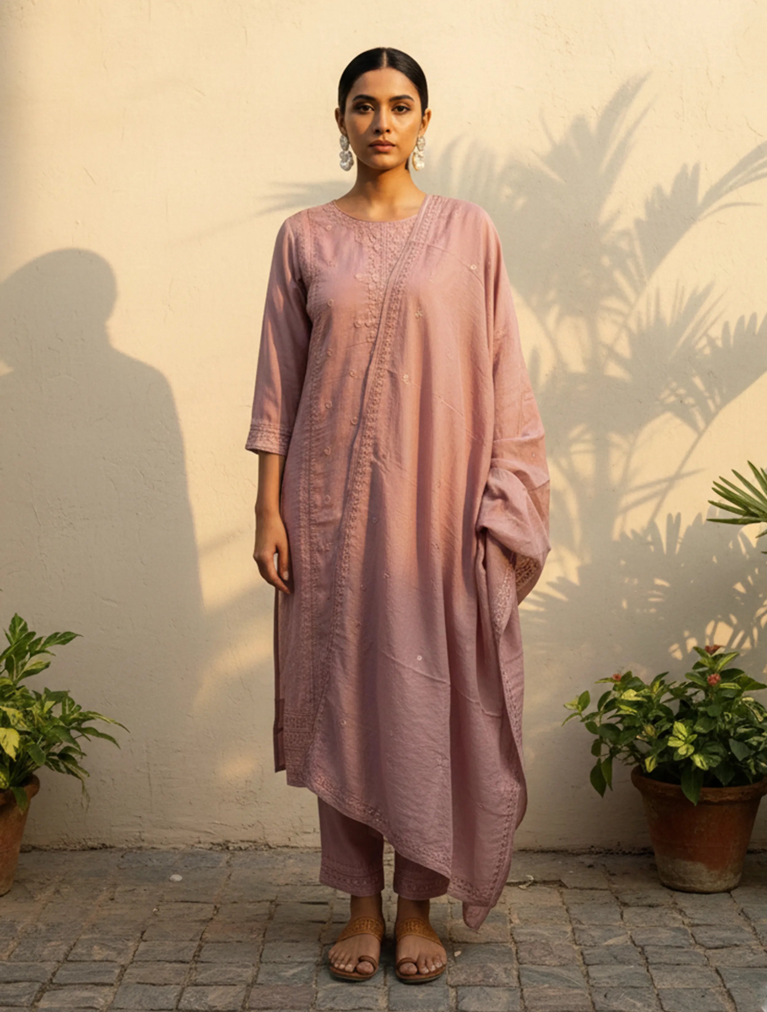 trueBrowns Light Pink Embroidered Straight Kurta Dupatta Set