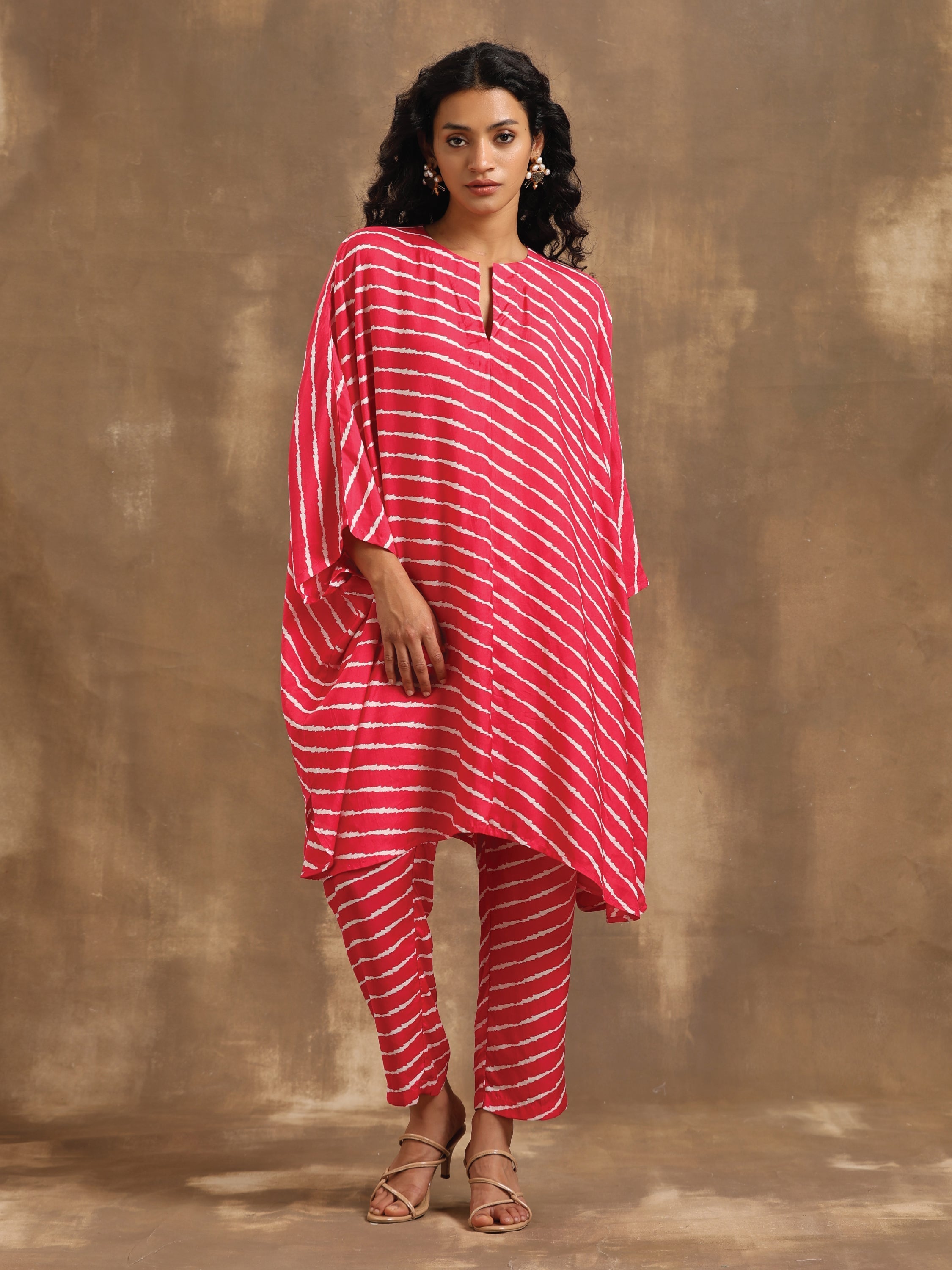 Pink Lehariya Printed Silk Kaftan Co-Ord Set