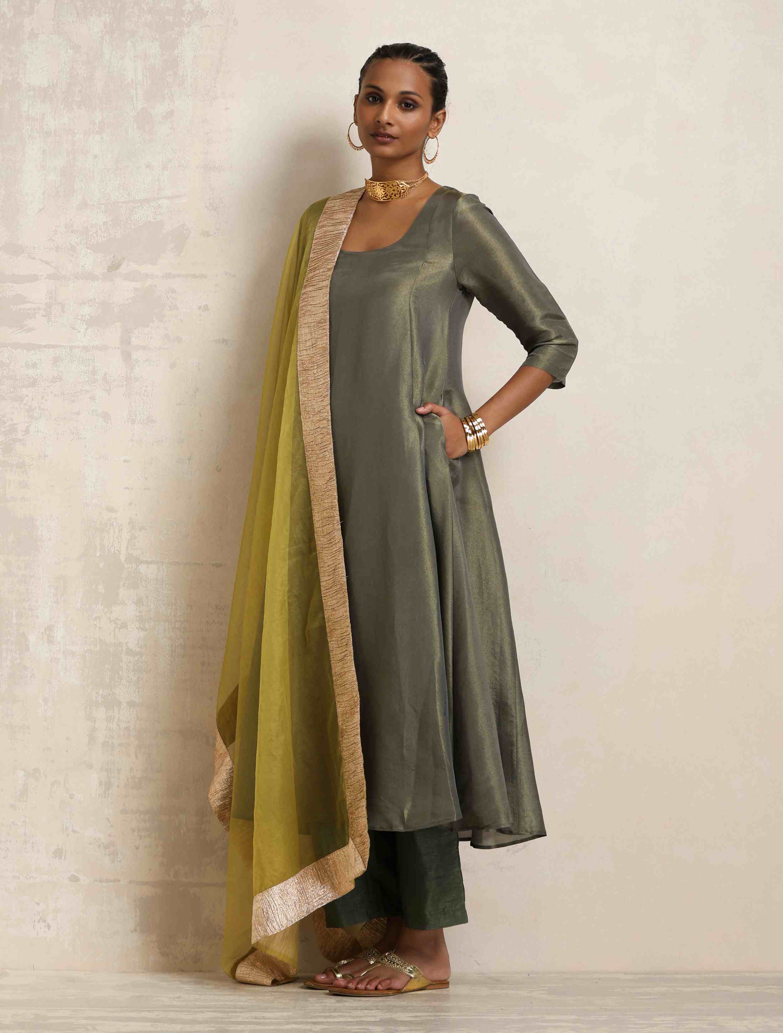 trueBrowns Green Tissue Anarkali Kurta Dupatta Set