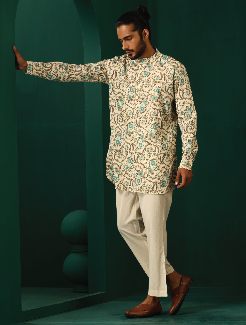 trueBrowns Men Teal Floral Cotton Printed Co-ord Set