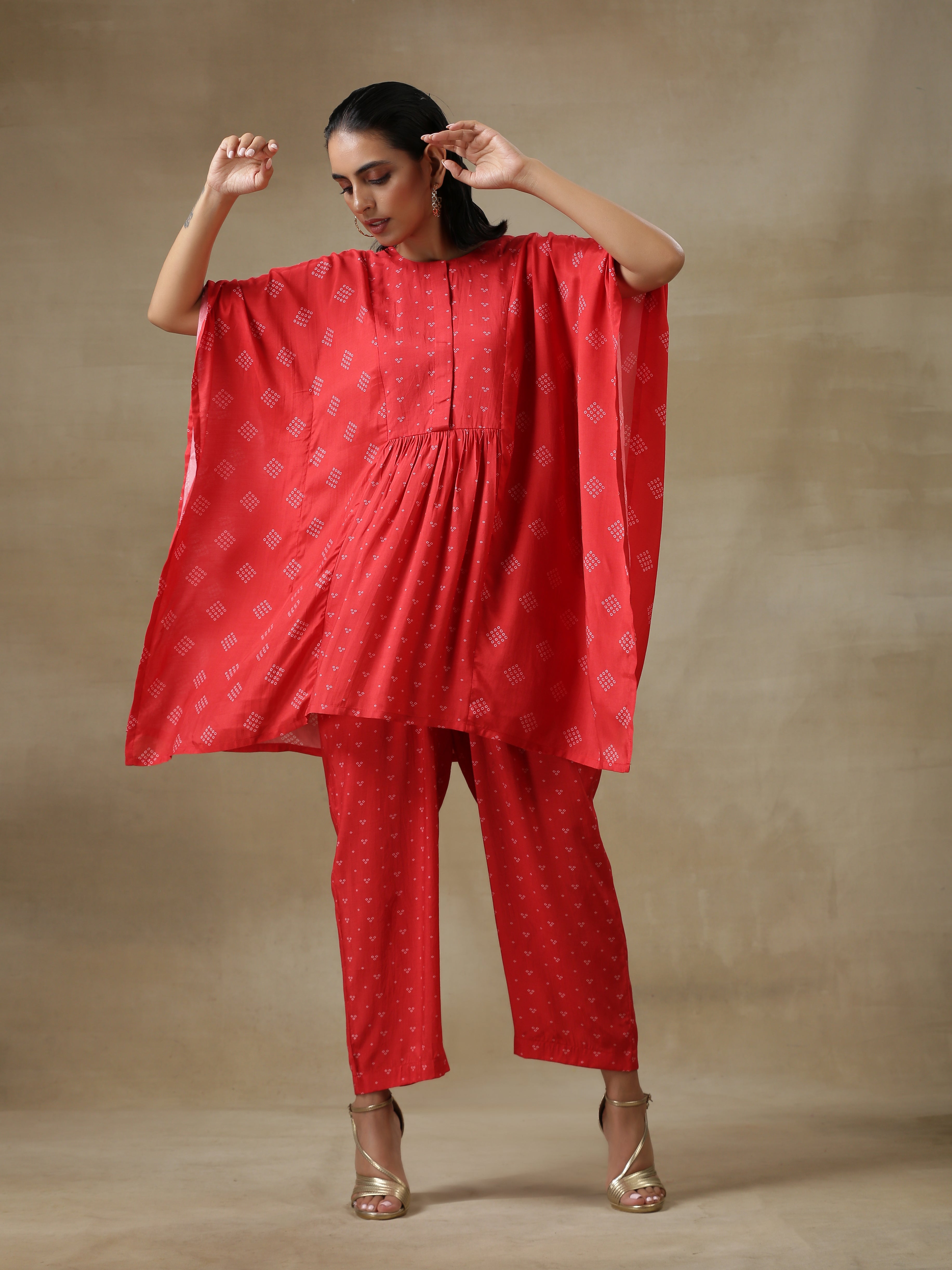 Red Bandhani Printed Silk Kaftan Gathered Co-Ord Set