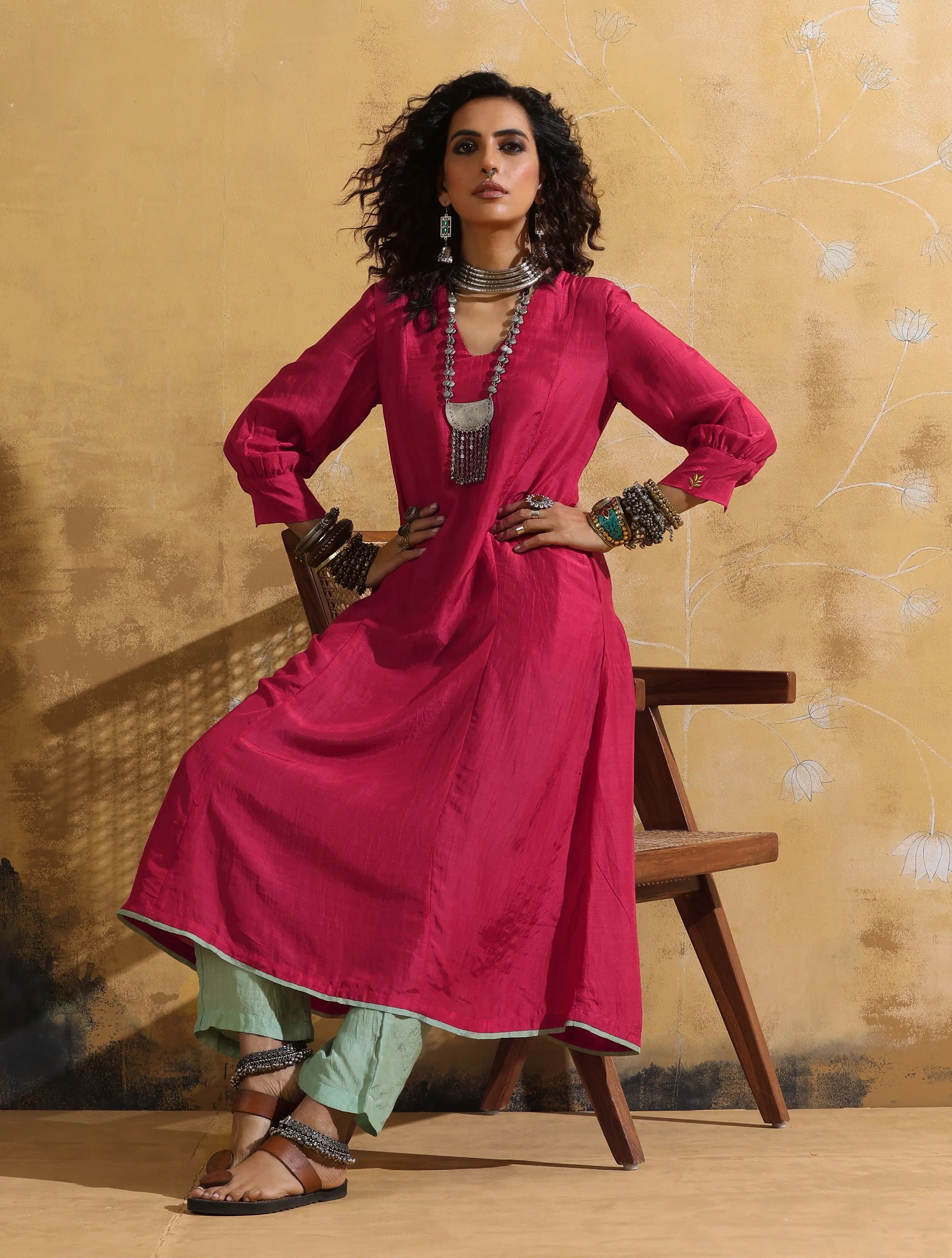 trueBrowns Pink Muslin Silk A-line Kurta Pant Set