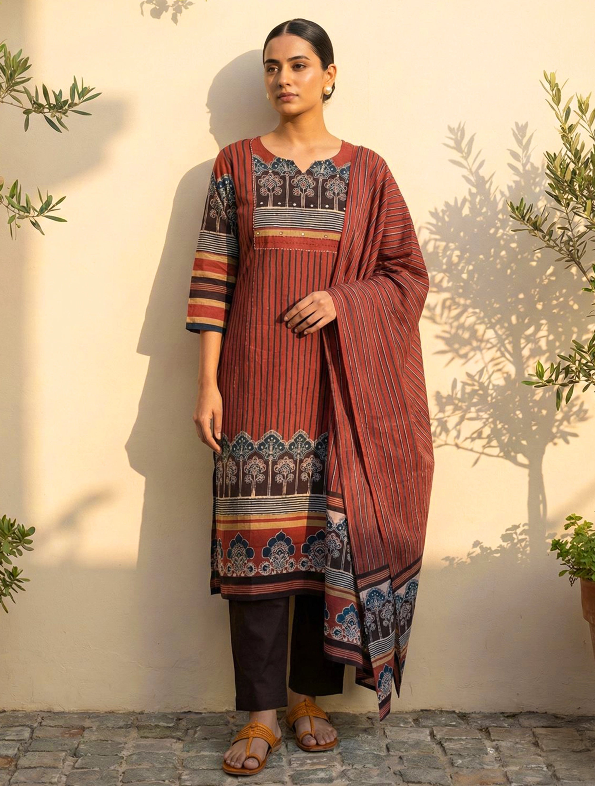 trueBrowns Maroon Printed Round With V Neck Kurta Pant Dupatta Set