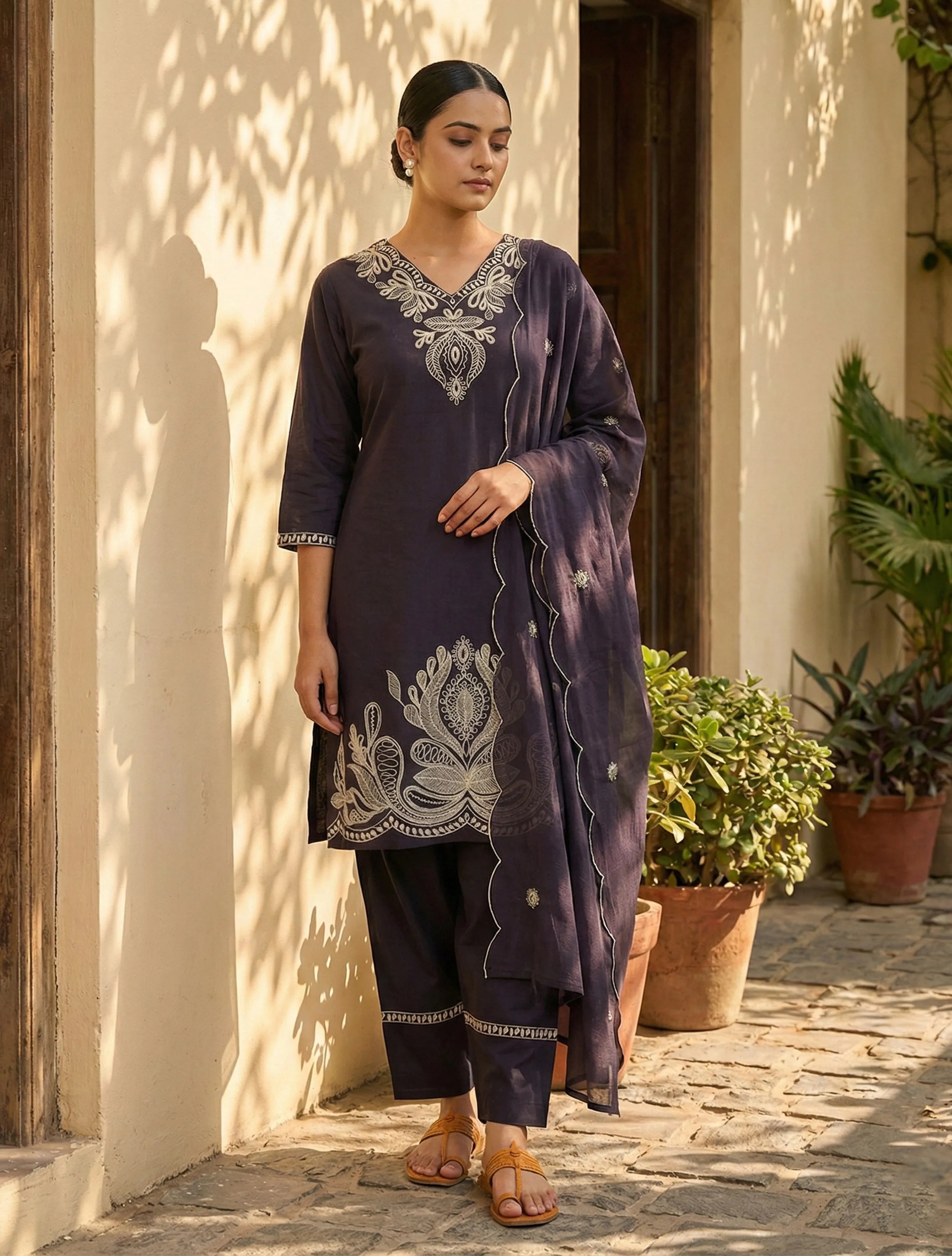 trueBrowns Black Embroidered Kurta Farsi Pant Dupatta Set
