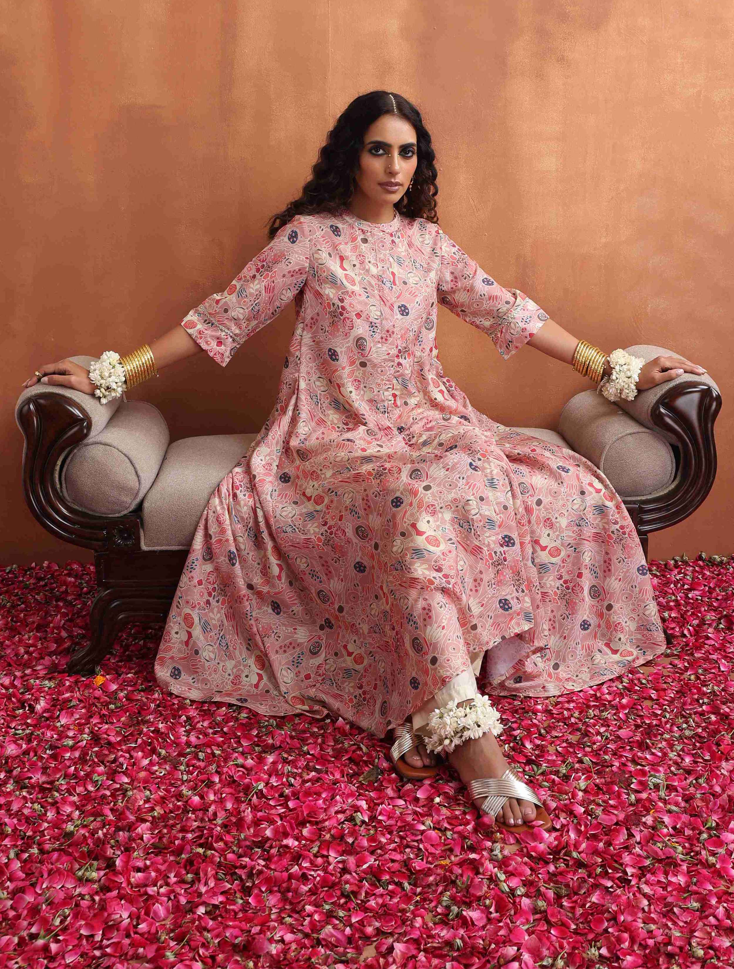 trueBrowns Pink Flared Anarkali Kurta Set