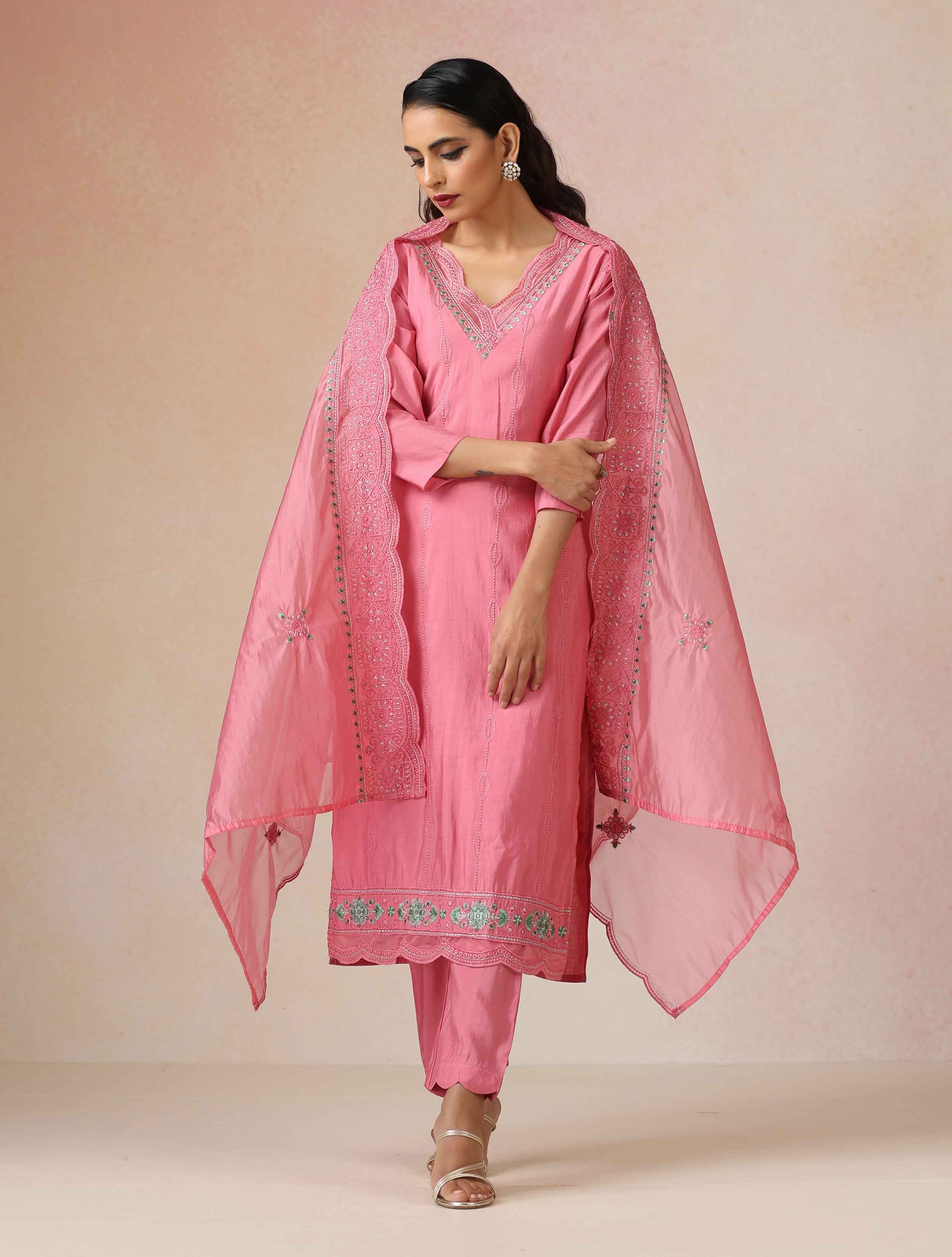trueBrowns Pink Embroidered Kurta Pant Dupatta Set