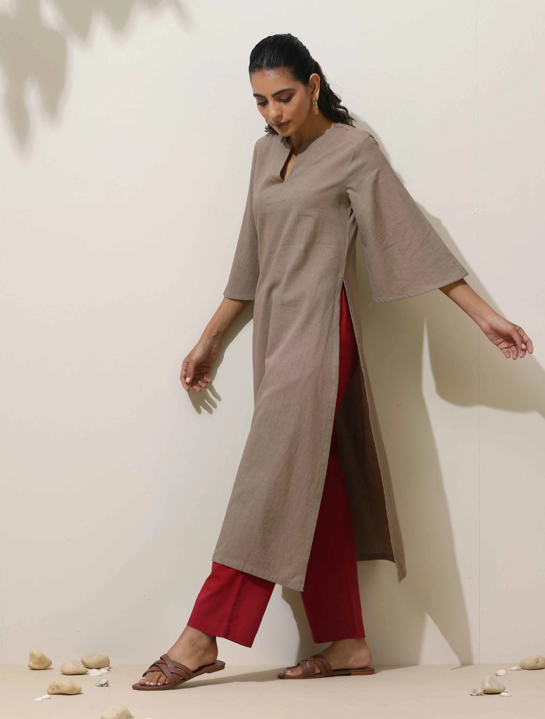 trueBrowns Grey Cotton Linen Kurta Pant Set