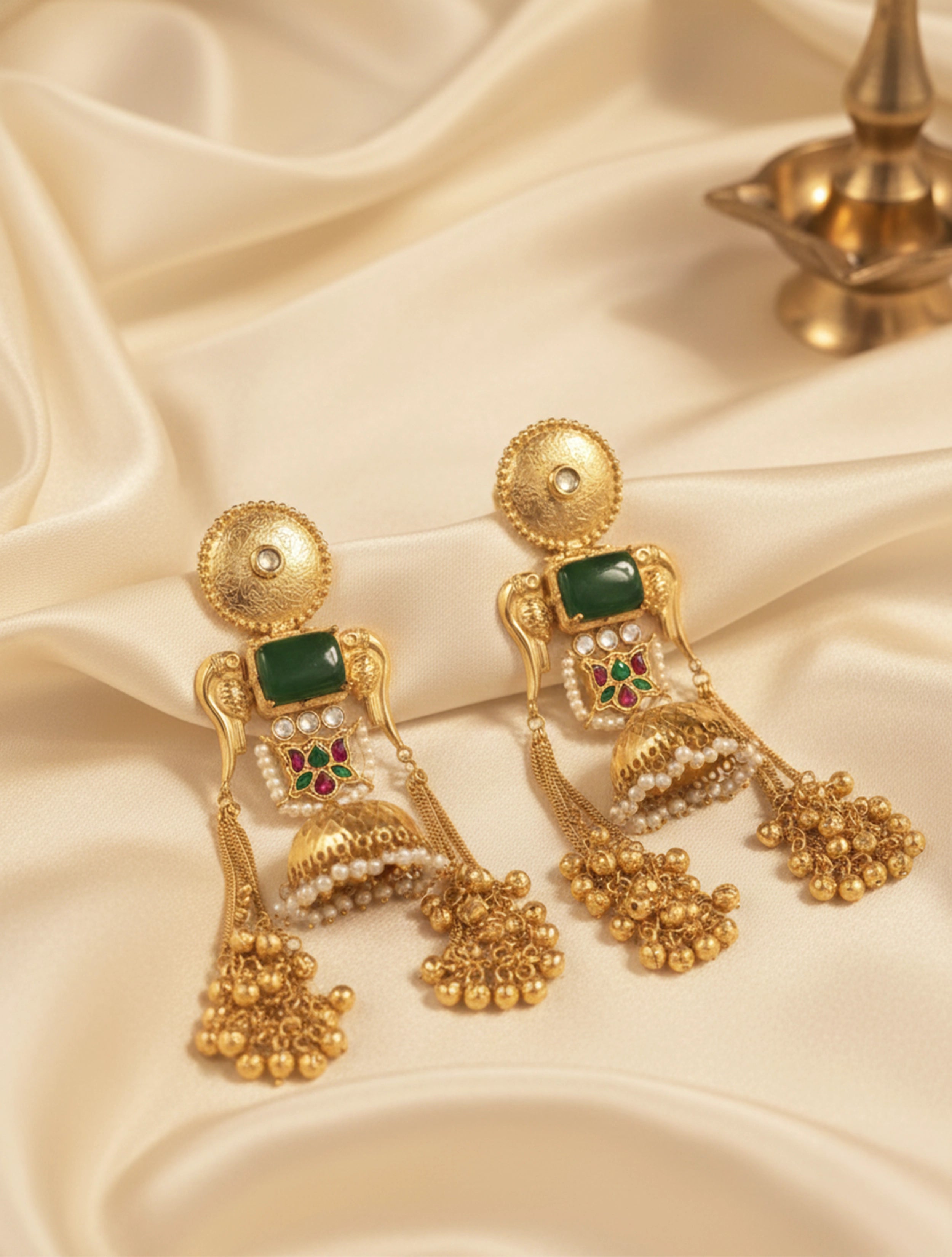 trueBrowns Kashmiri Green Stone Drop Earrings
