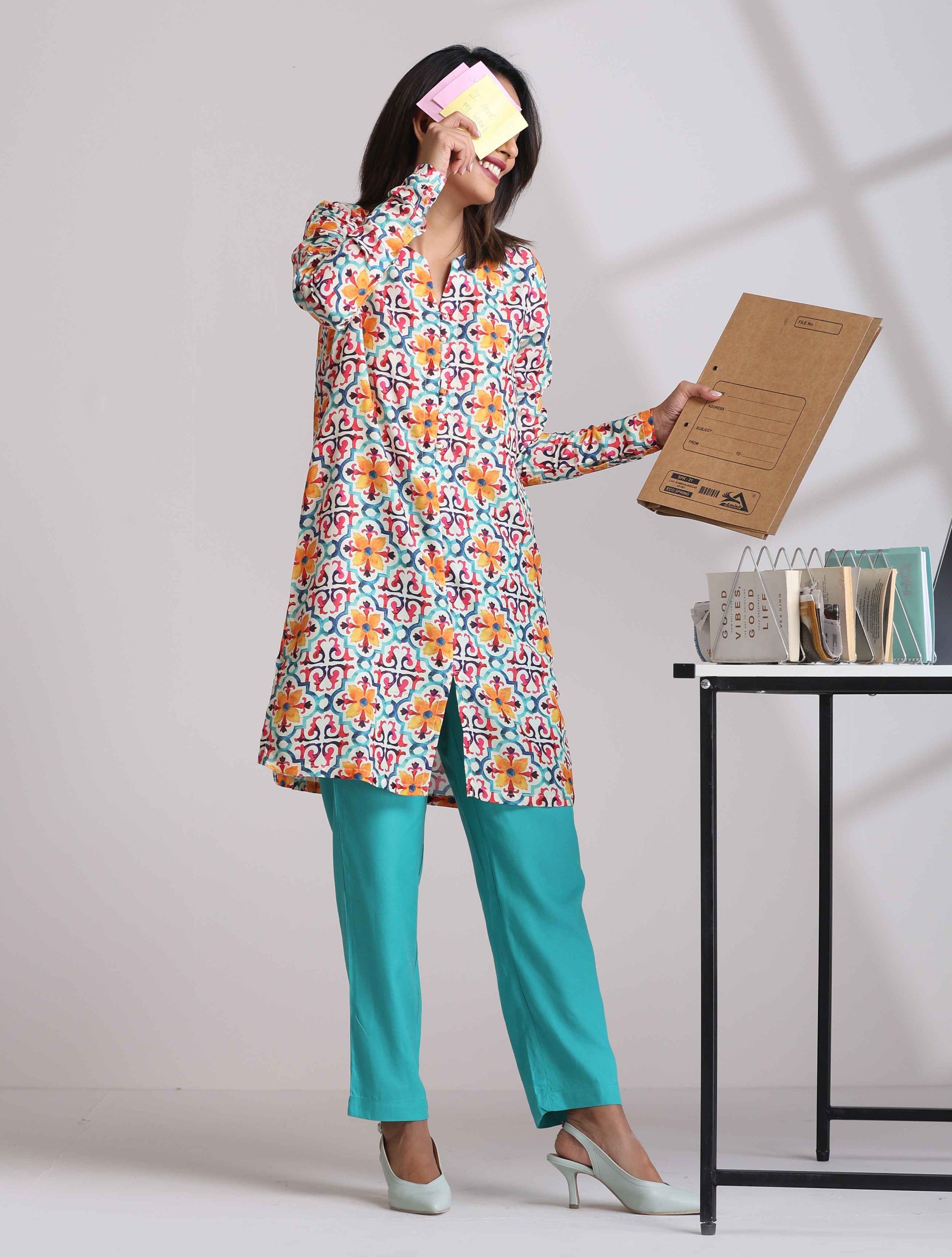 trueBrowns Off White Print Kurta Co-ord Set