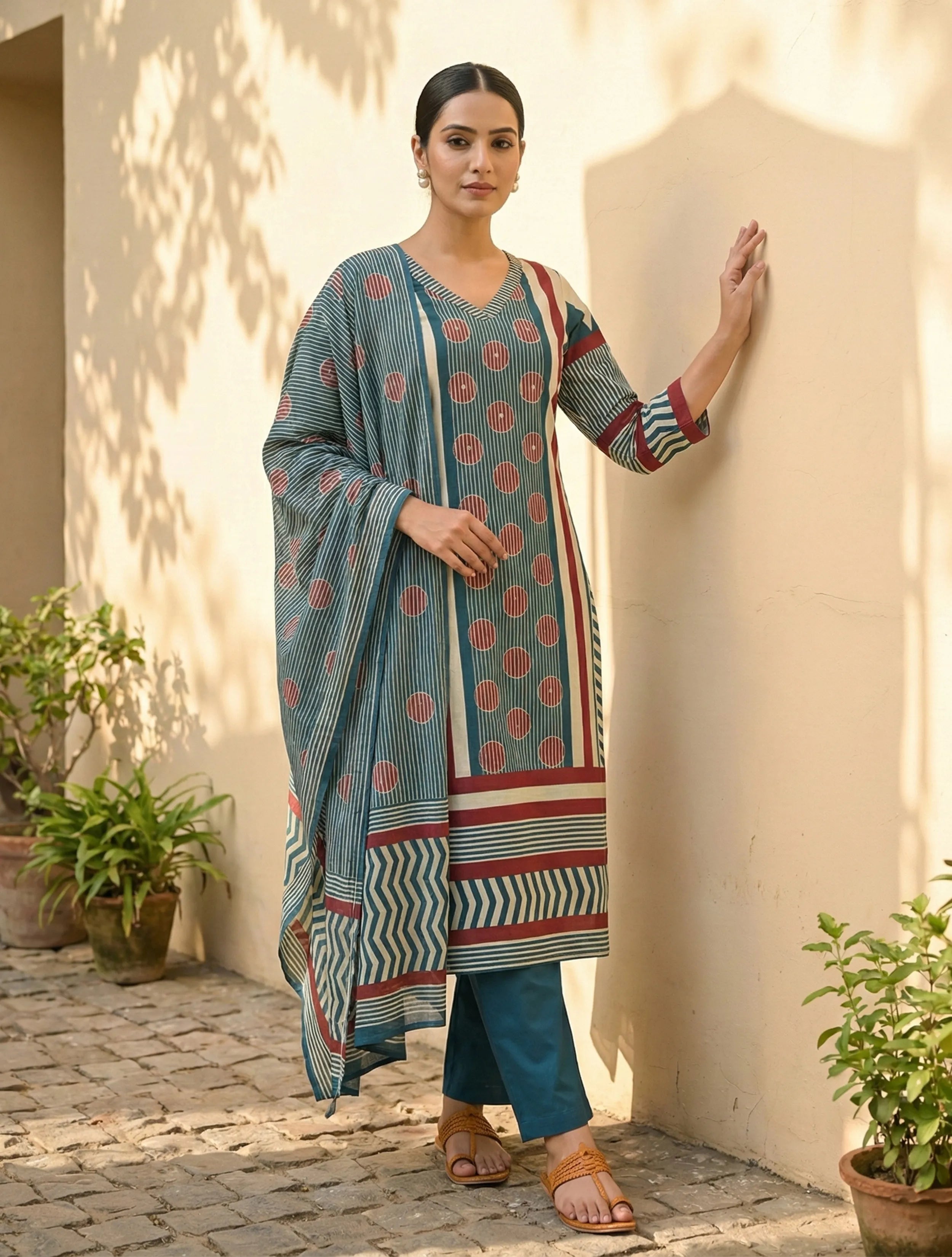 trueBrowns Blue Printed V-Neck Kurta Pant Dupatta Set