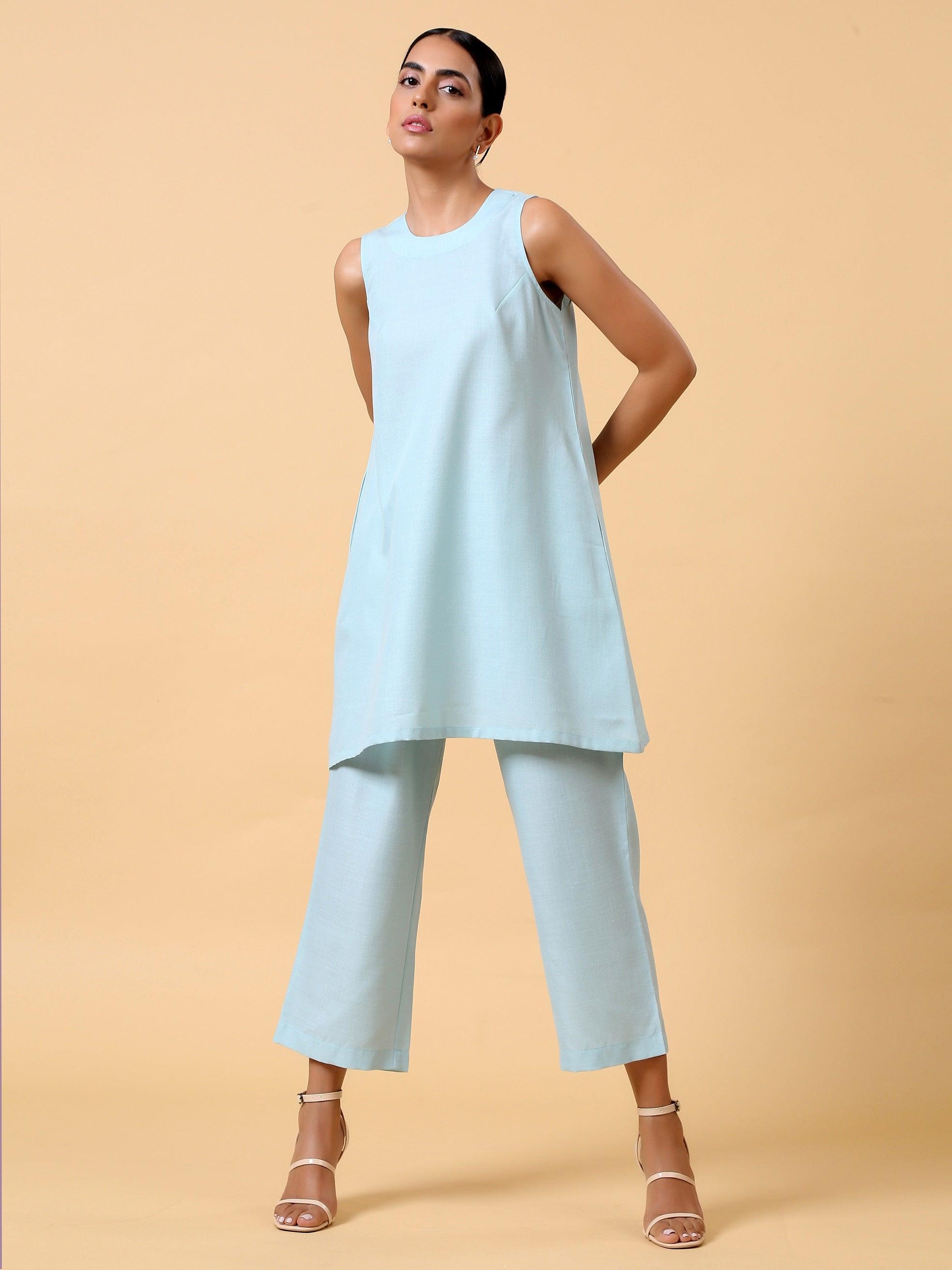 Cotton Linen Light Blue Sleeveless Co-Ord Set - trueBrowns