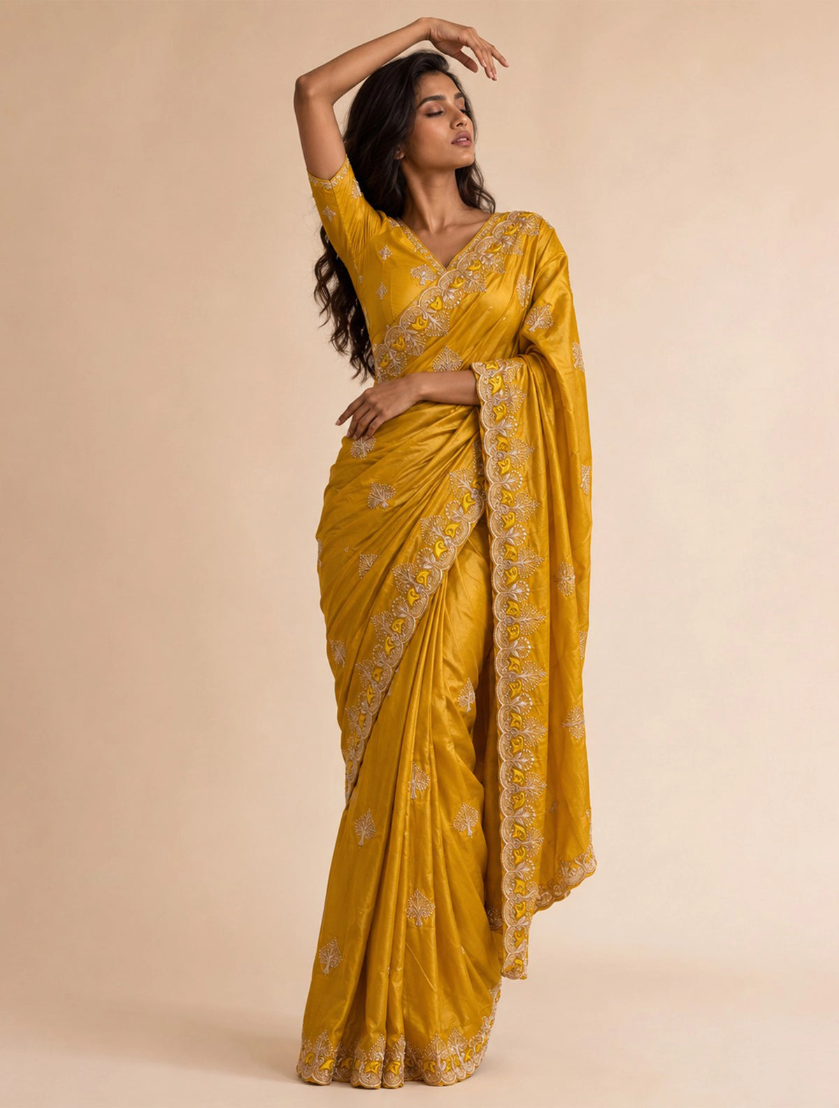 trueBrowns Mustard Paan Embroidered Silk Blend Saree With Unstitched Blouse