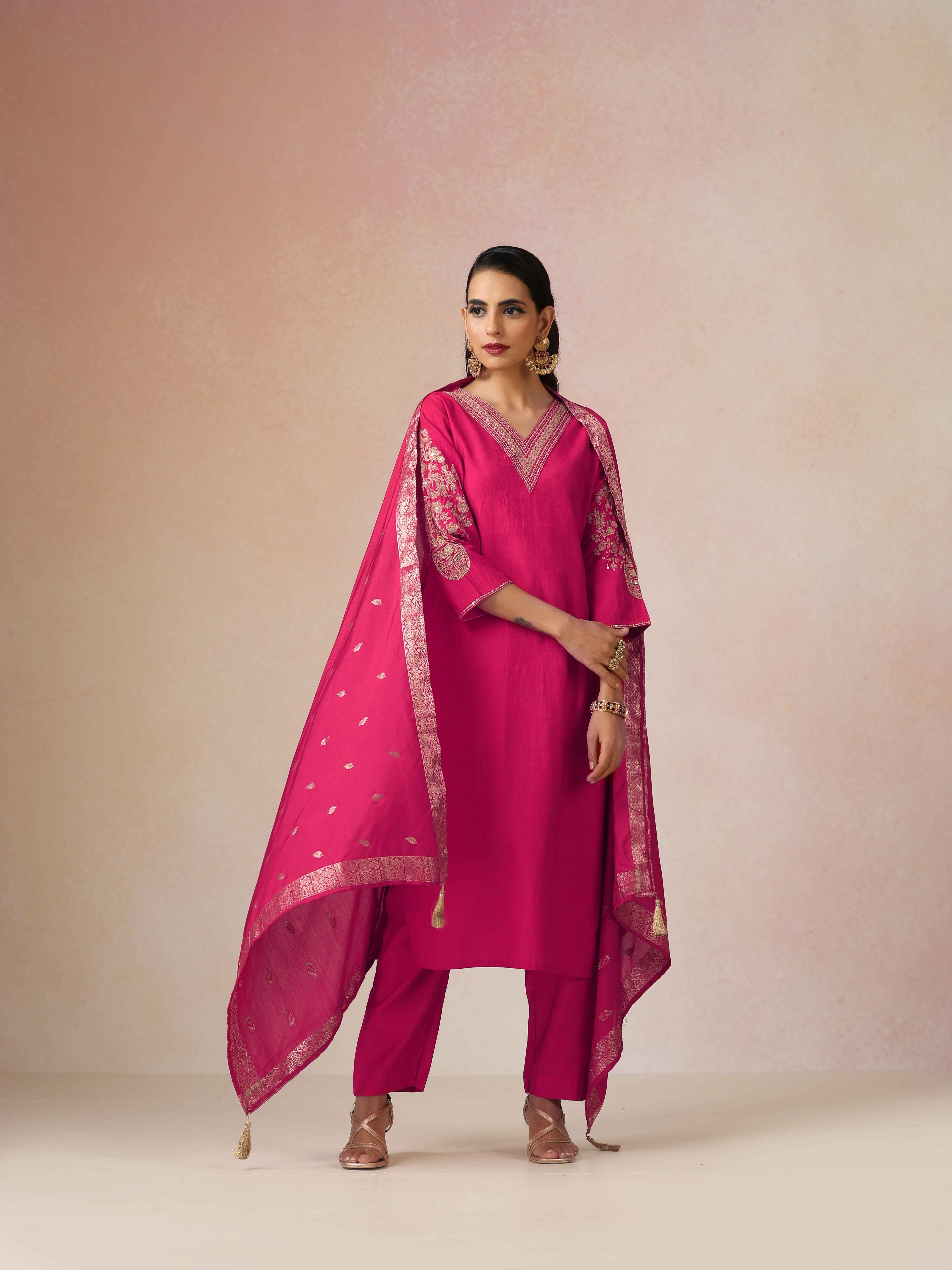 trueBrowns Pink Embroidered Straight Kurta Pant Dupatta Set