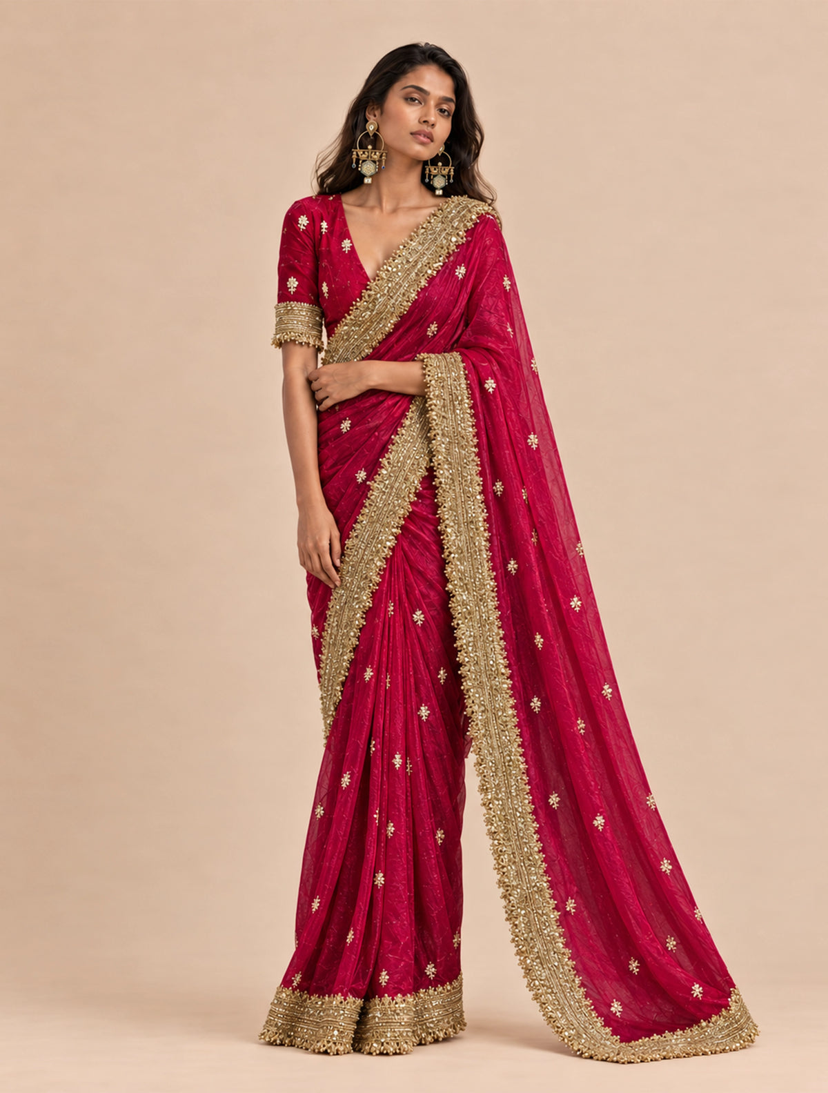 trueBrowns Maroon Embroidered Satin Tissue Saree With Unstitched Blouse