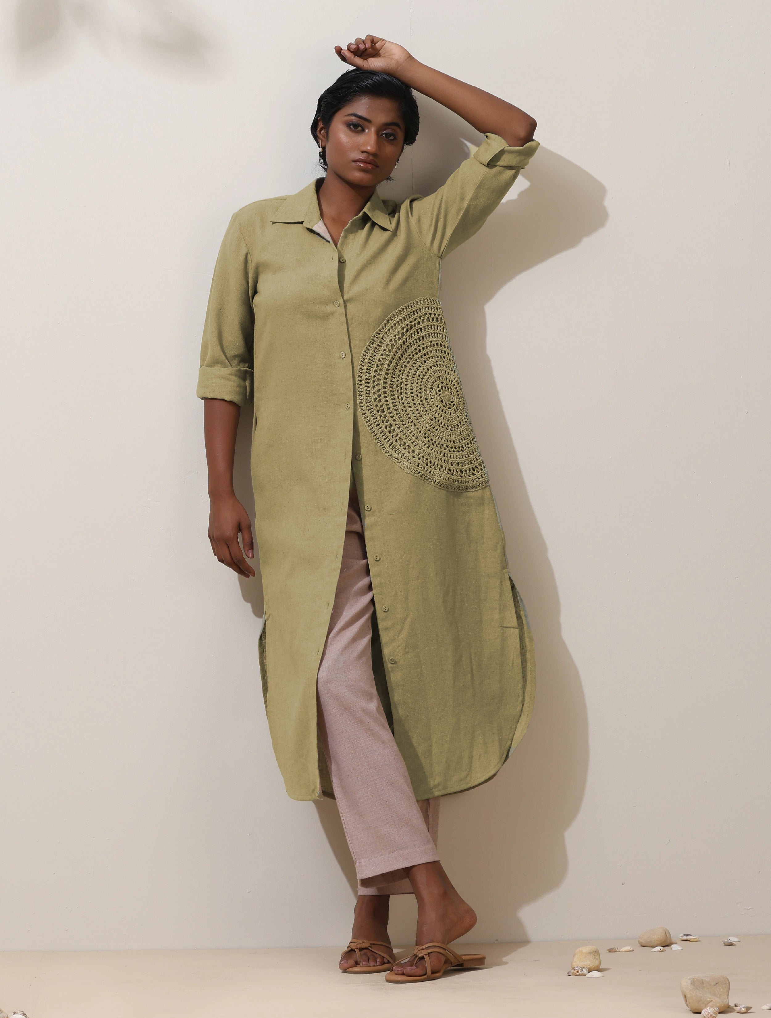 trueBrowns Fern Green Crochet Natural Cotton Kurta Pant Set