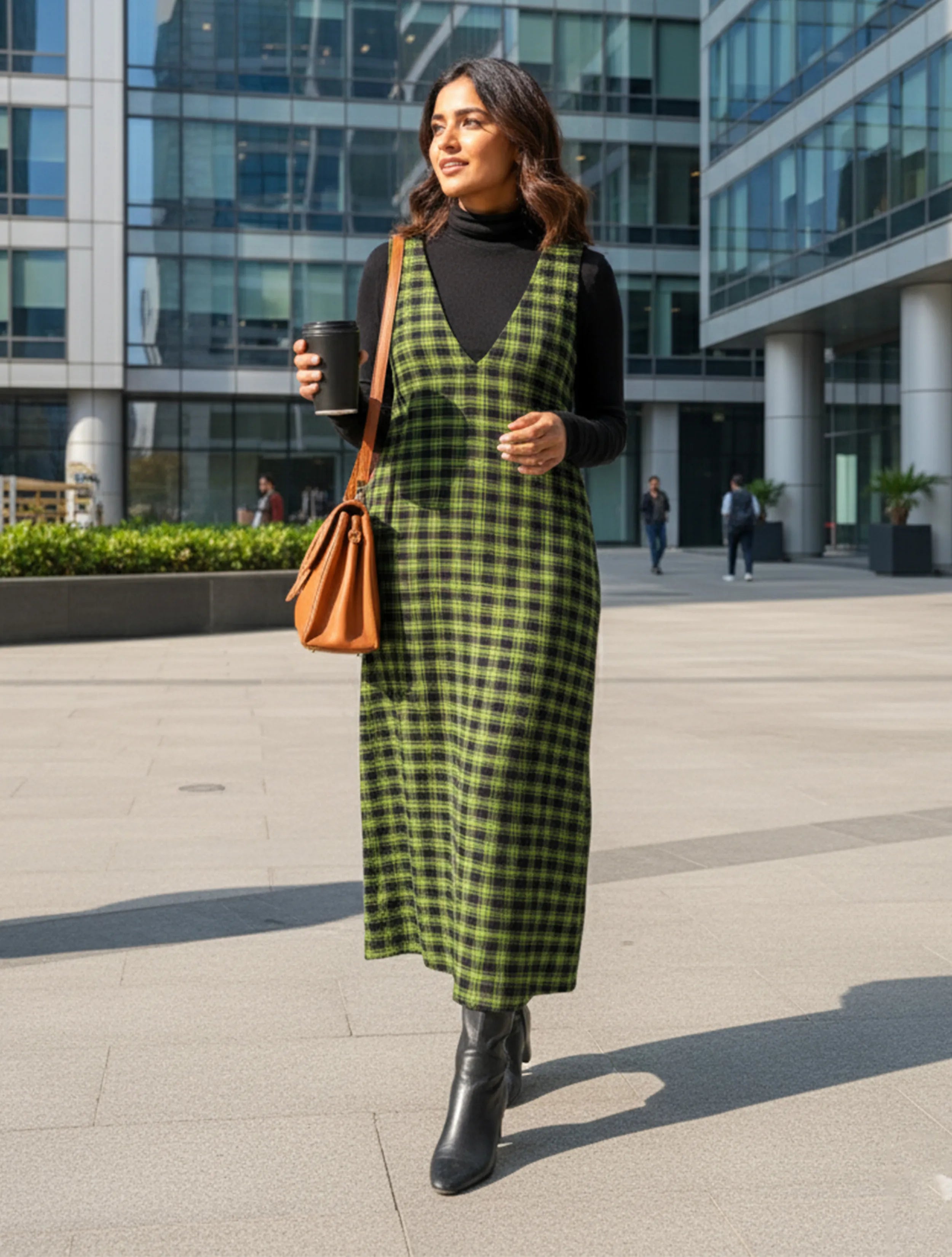trueBrowns Green Black Sleeveless Check Dress