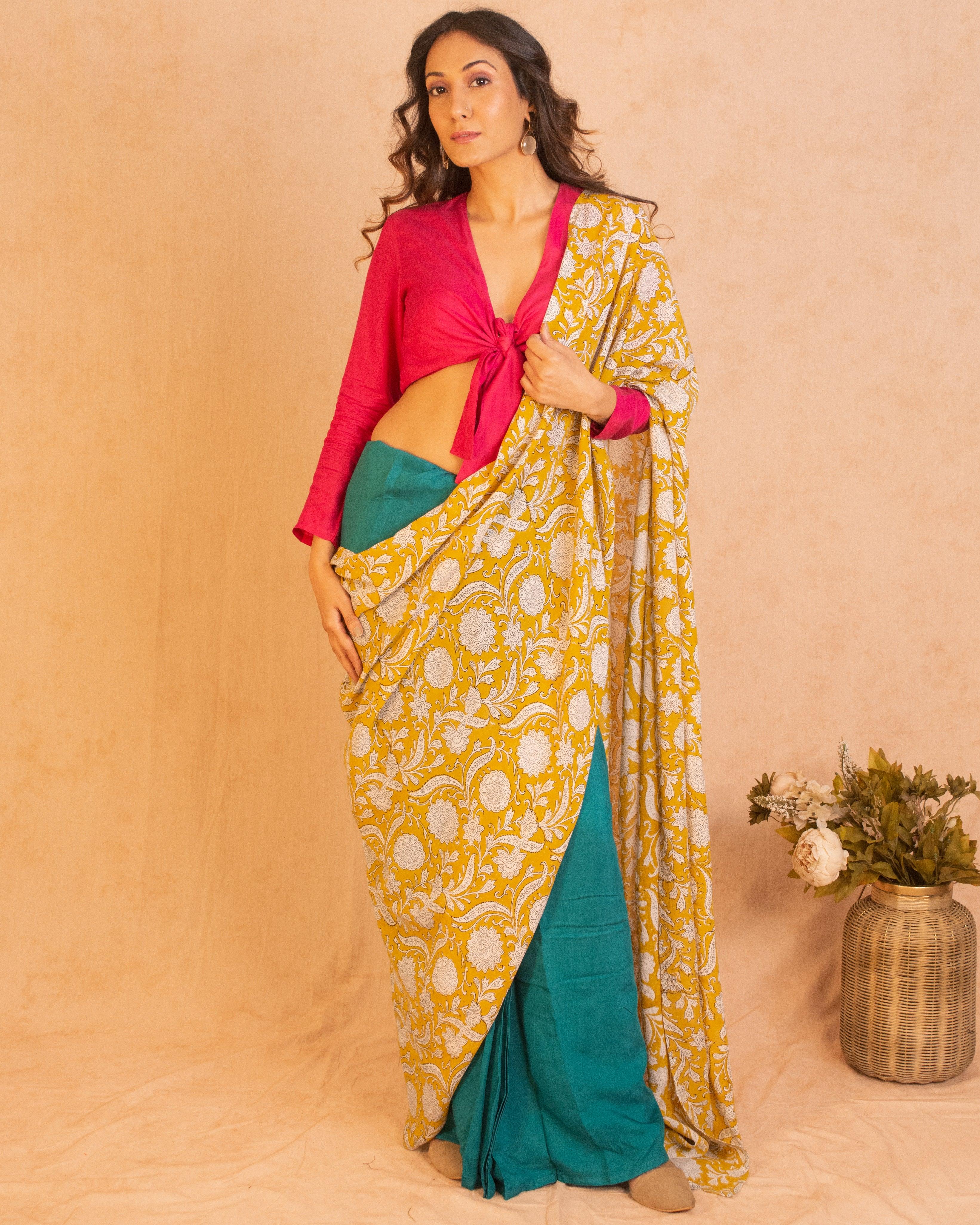 Aqua Yellow Hand Block Printed Ready Pleated Silk Saree - trueBrowns