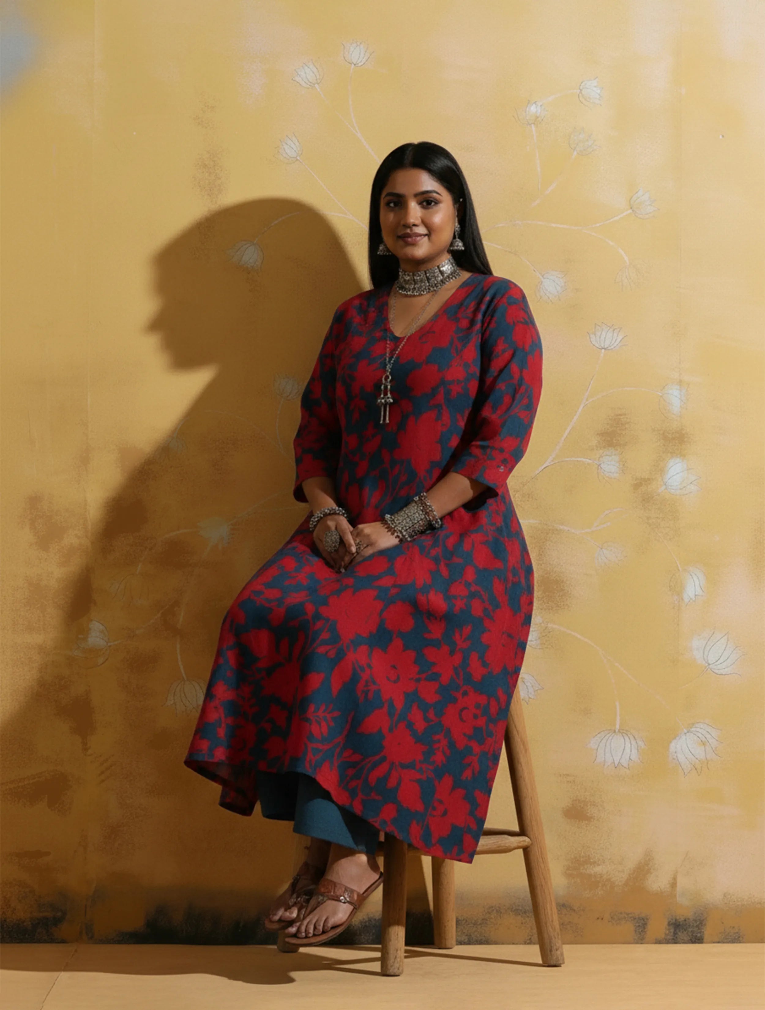 trueBrowns Red Teal Jaal Print Muslin Silk A-Line Kurta Set