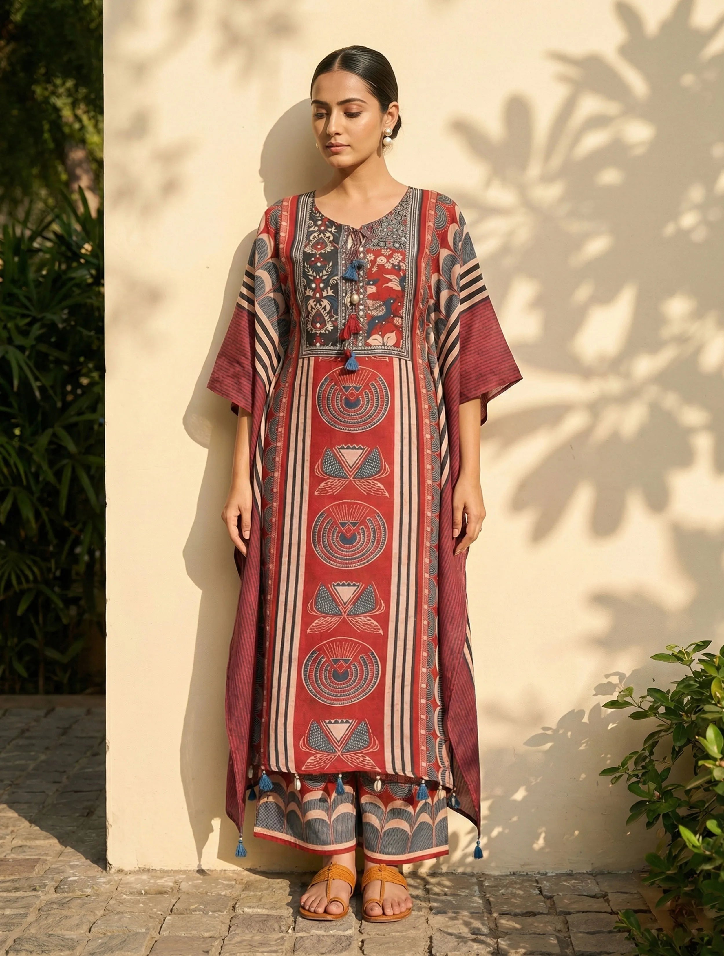 trueBrowns Red Printed Kaftan Kurta Palazzo Set