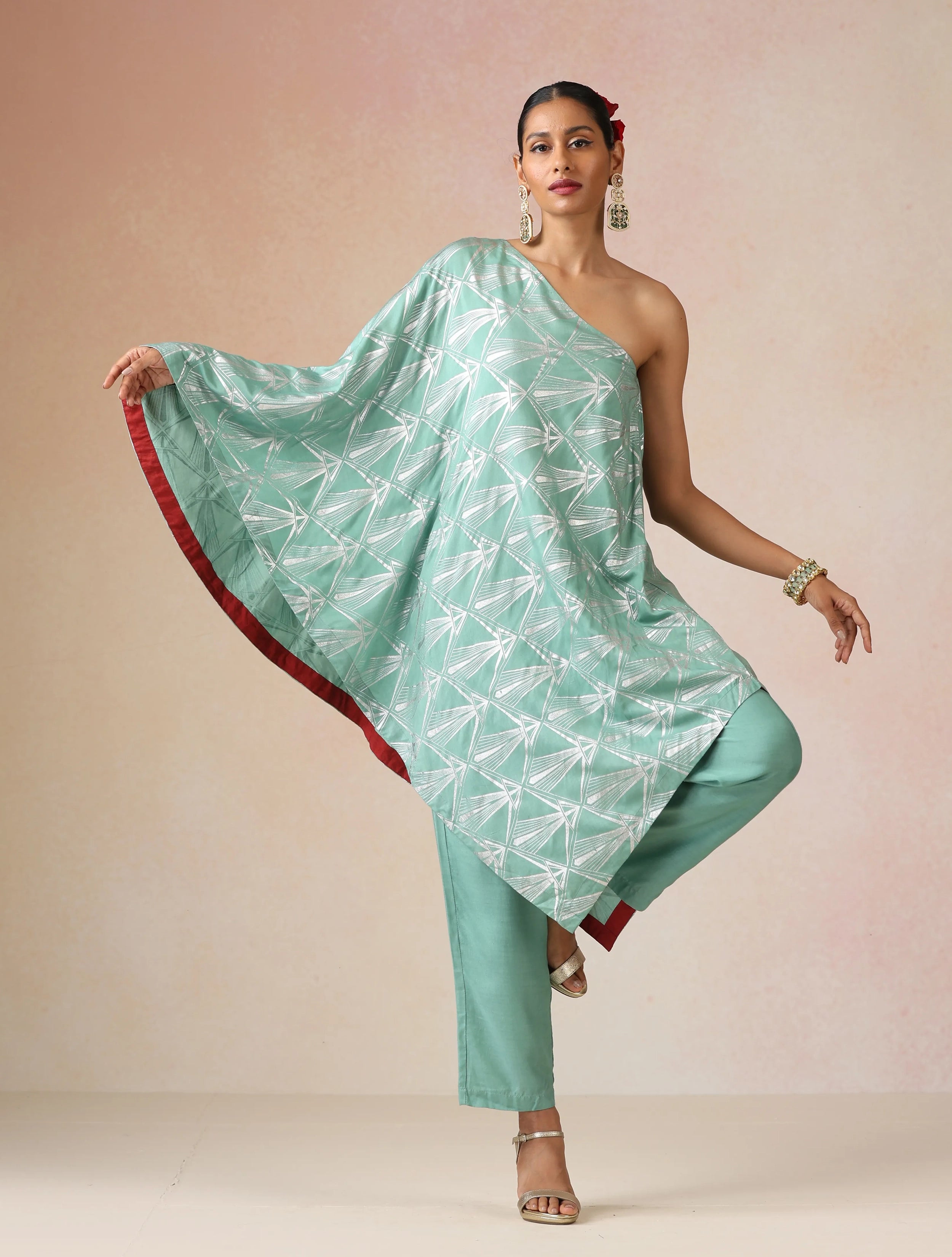 trueBrowns Mint Green Silver Foil Print Muslin Silk Asymmetric One-Shoulder Kurta Co-ord Set