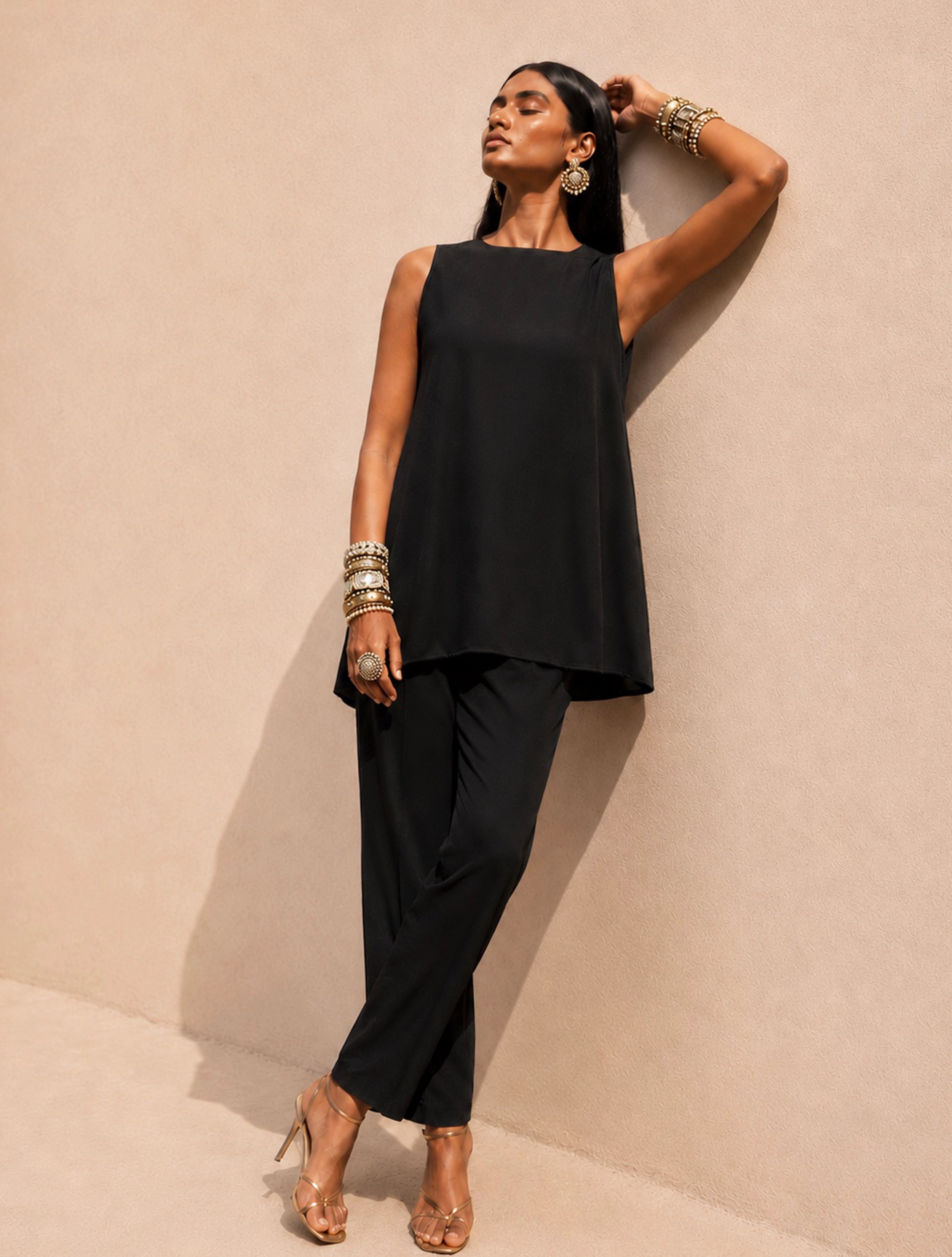 trueBrowns Black Solid Viscose Sleeveless Co-Ord Set
