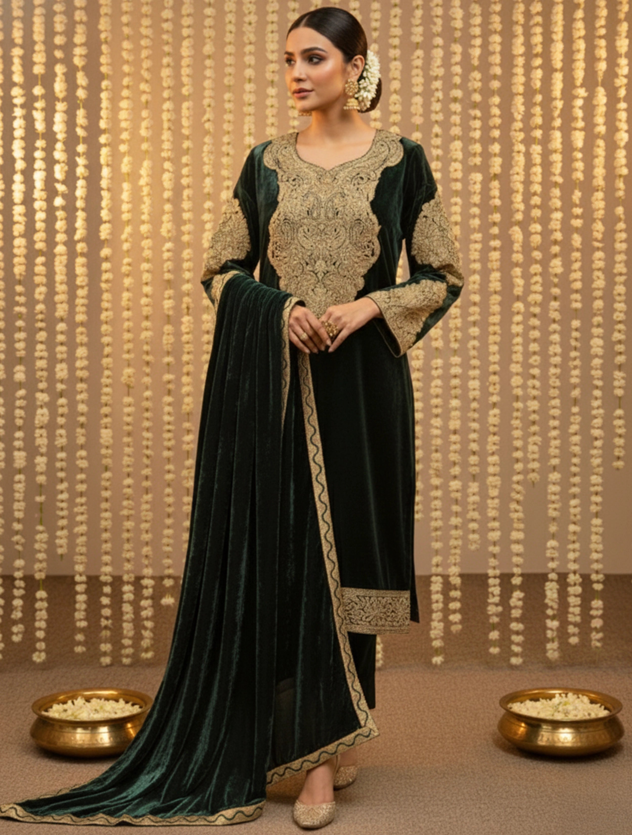 trueBrowns Green Velvet Embroidered Chogha Pants Dupatta Set