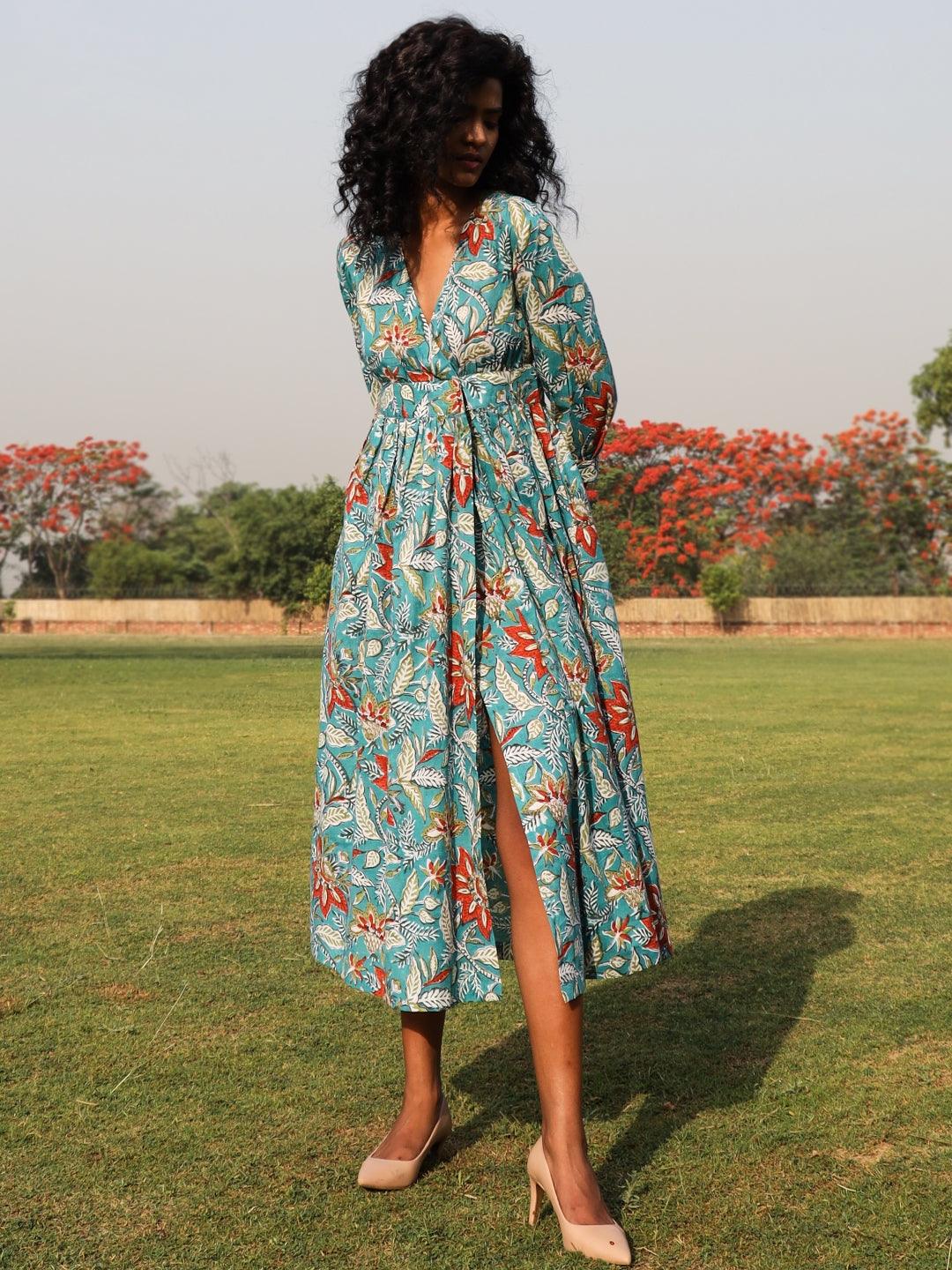 Teal Cotton Block Print Wrap Dress Teal Cotton Block Print Wrap Dress